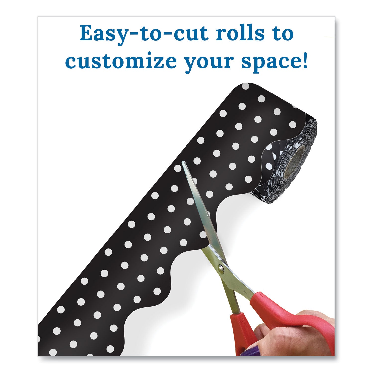 Carson-Dellosa Education Rolled Scalloped Border Set, (2) Solid Colors, (1) Horizontal Stripes, (1) Polka Dots, 2.25" x 65 ft, Assorted Colors, 4/Set