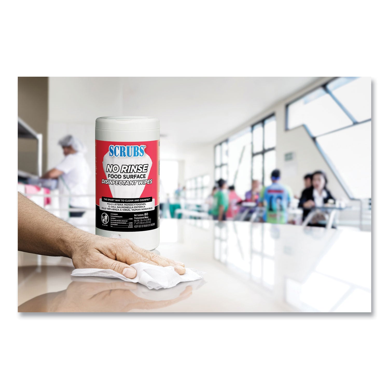 SCRUBS® No Rinse Food Surface Disinfectant Wipes, 1-Ply, 7 x 8, Unscented, White, 80/Canister, 6/Carton