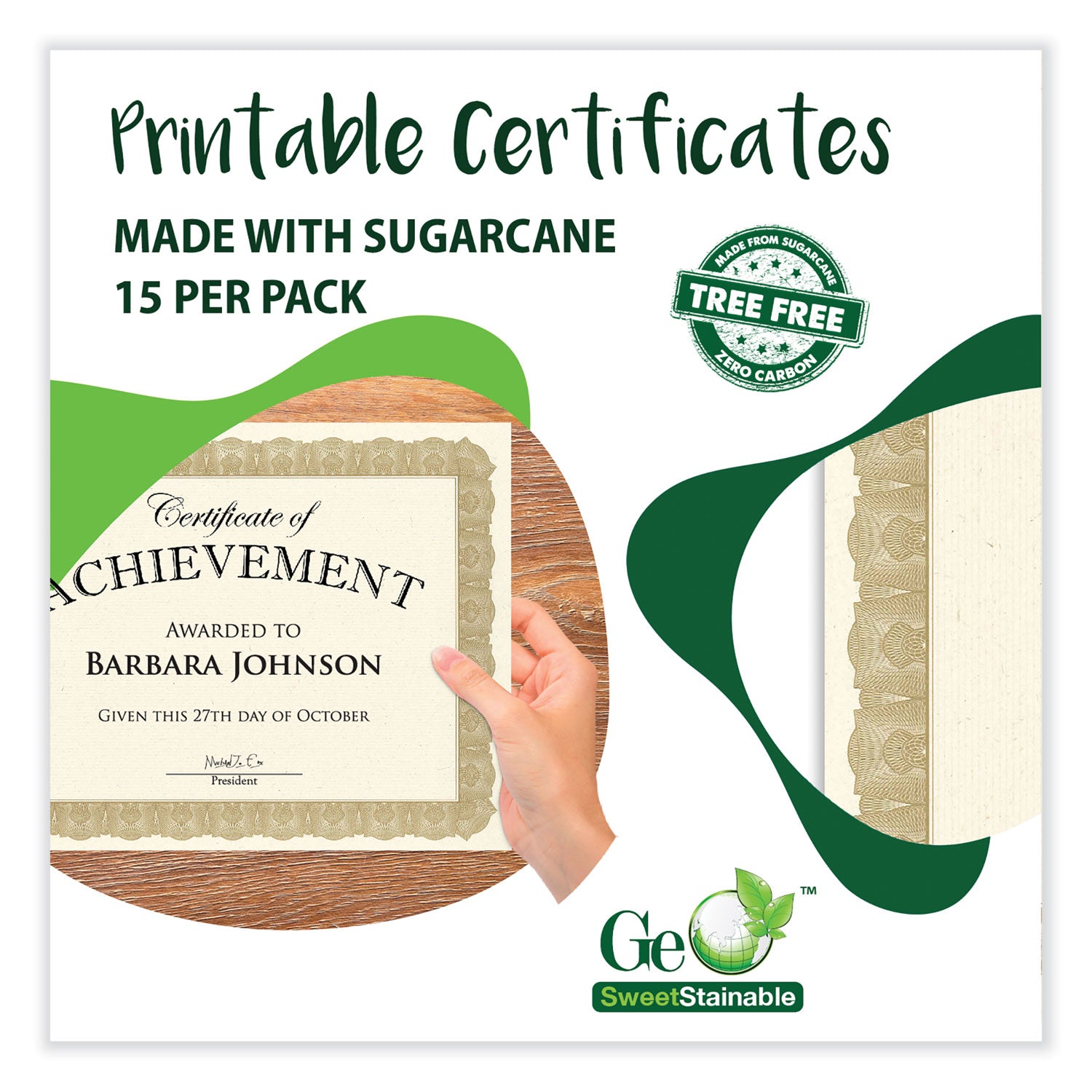 Geographics® Tree Free Award Certificates, 8.5 x 11, Natural with Gold Braided Border, 15/Pack