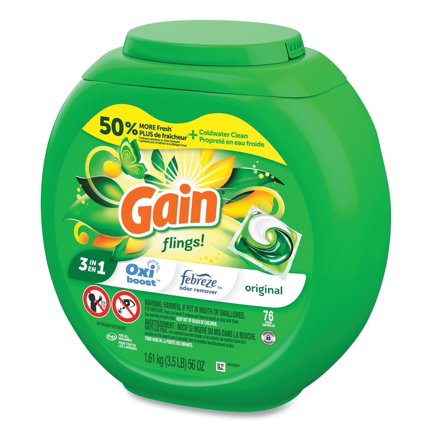 Gain® Flings Detergent Pods, Original, 76 Pods/Tub, 4 Tubs/Carton