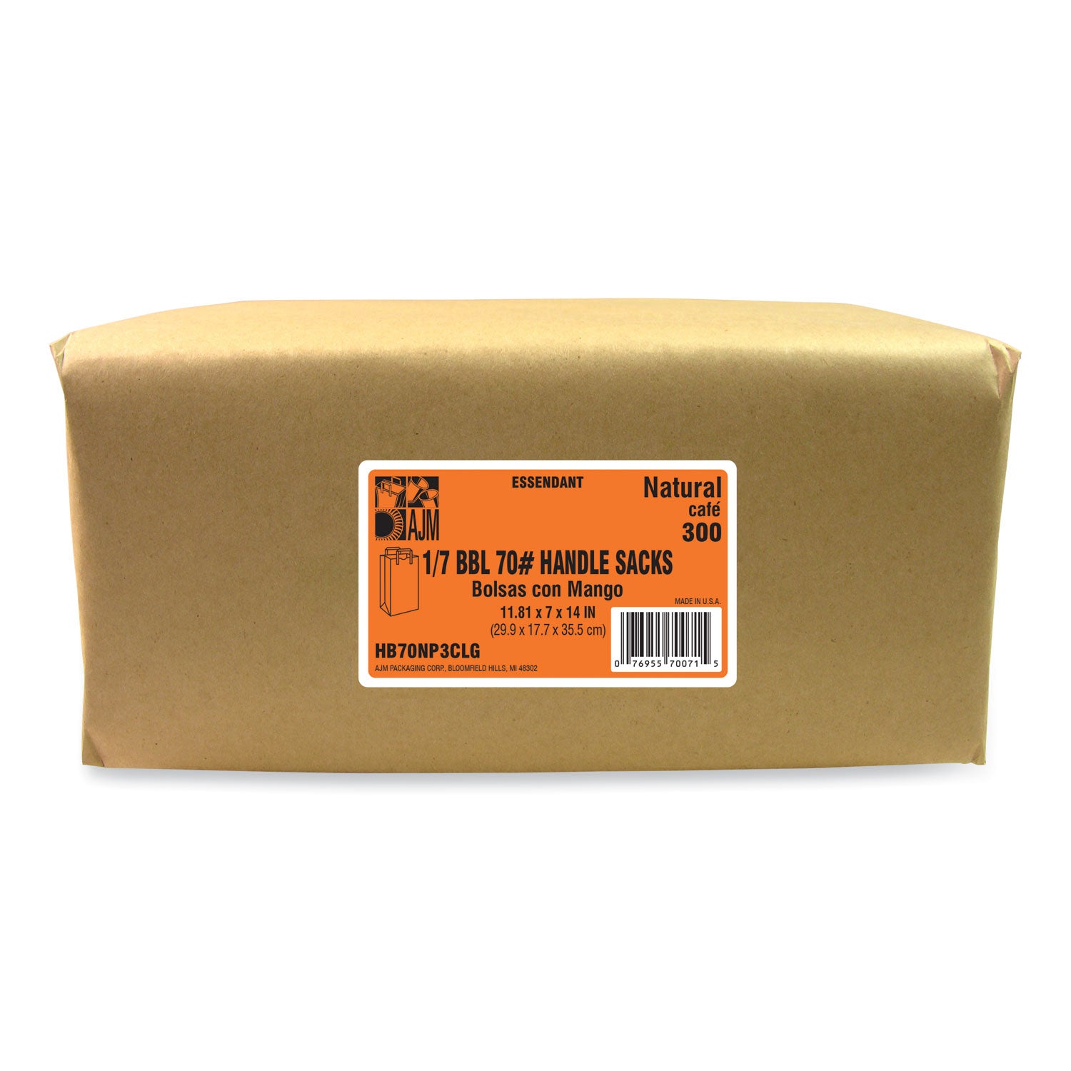 AJM Packaging Corporation Handle Bag, #1/6 BBL Size, Natural Kraft Flat Handles, 12" x 7" x 17", Brown, 300/Bundle