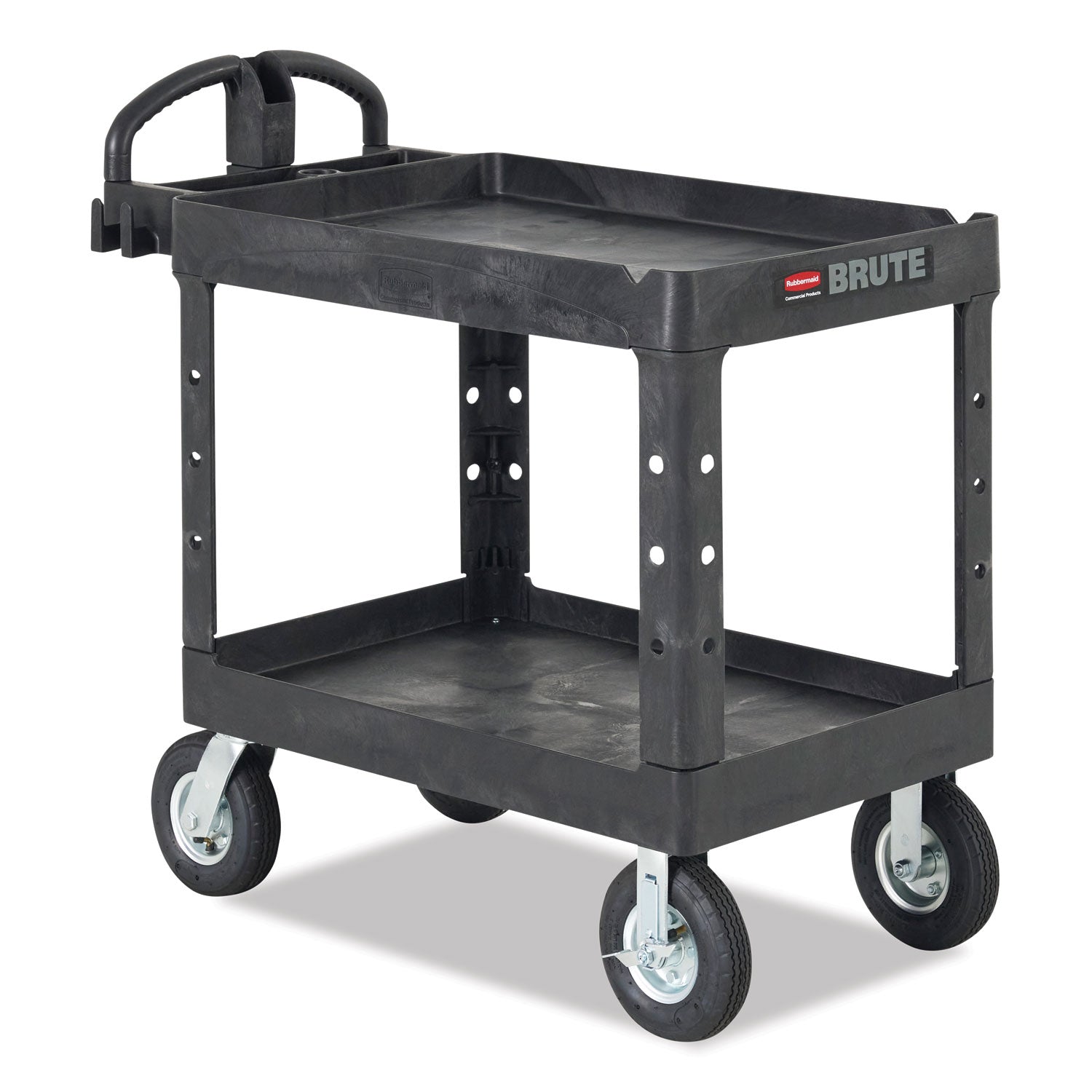 Rubbermaid® Commercial BRUTE Heavy-Duty Utility Cart with Lipped Shelves, Plastic, 2 Shelves, 500 lb Capacity, 17.13" x 38.5" x 38.88", Black