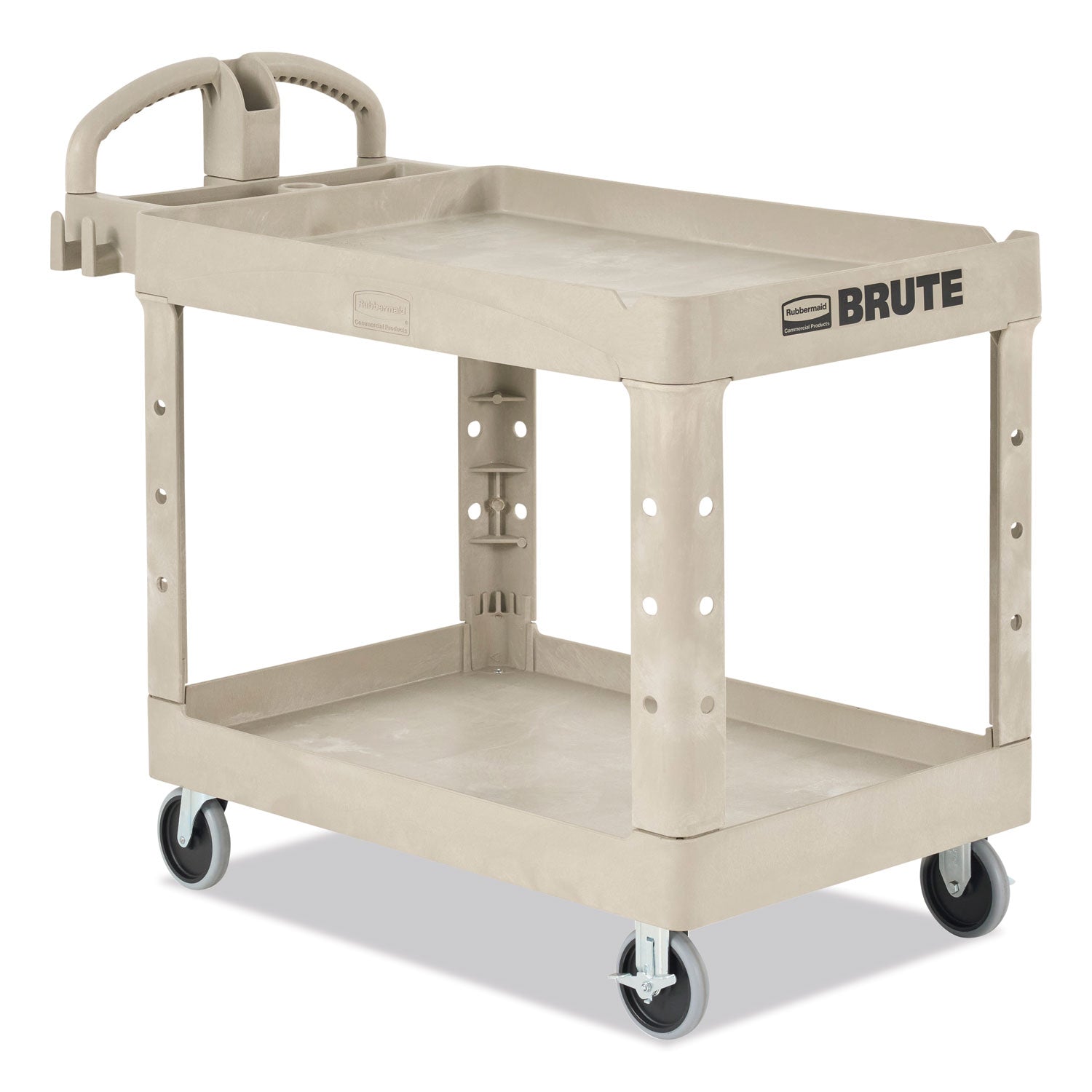 Rubbermaid® Commercial BRUTE Heavy-Duty Utility Cart with Lipped Shelves, Plastic, 2 Shelves, 500 lb Capacity, 25.9" x 45.2" x 32.2", Beige