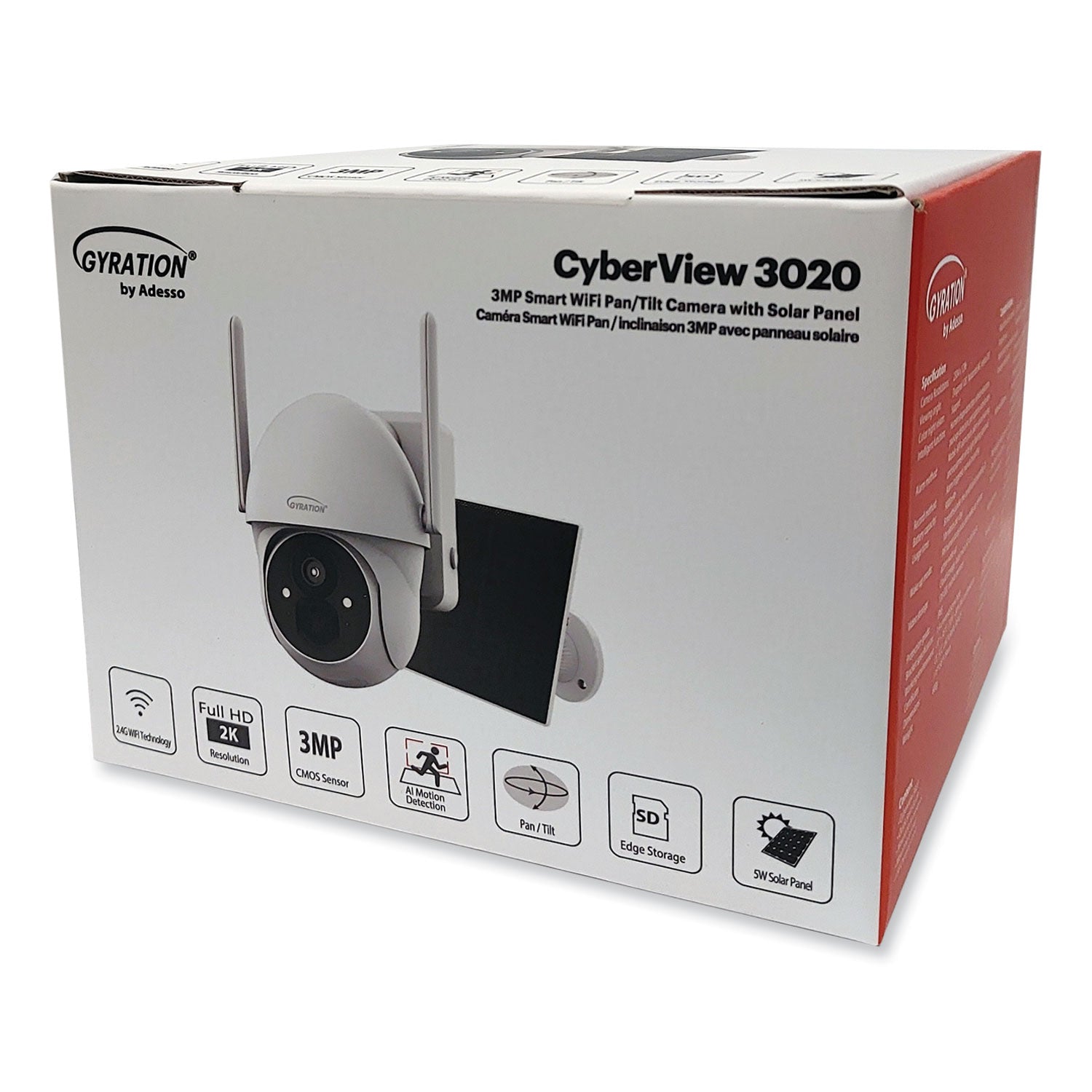 Gyration® Cyberview 3020 3MP Smart WiFi Pan/Tilt Camera with Solar Panel, 2304 x 1296 Pixels