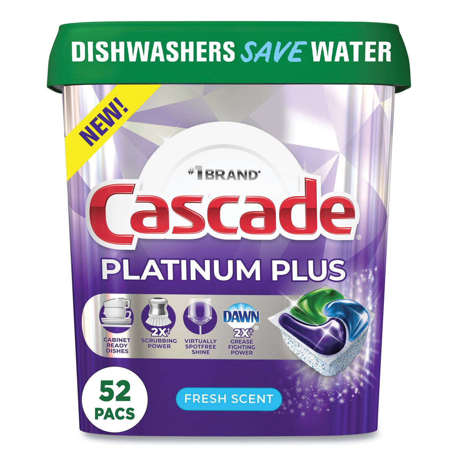 Cascade® Platinum Plus ActionPacs Dishwasher Detergent Pods, Fresh Scent, 28.4 oz Tub, 52/Tub, 3 Tubs/Carton