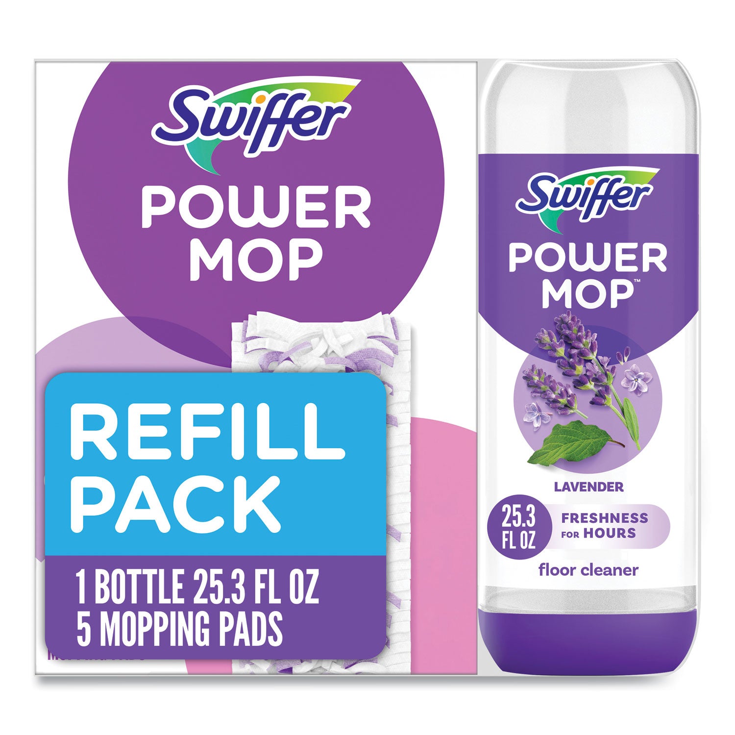 Swiffer® PowerMop Cleaning Solution and Pads Refill Pack, Lavender, 25.3 oz Bottle and 5 Pads per Pack, 4 Packs/Carton