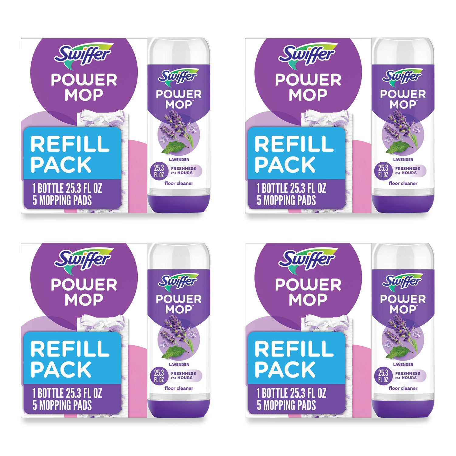 PowerMop Cleaning Solution and Pads Refill Pack, Lavender, 25.3 oz Bottle and 5 Pads per Pack, 4 Packs/Carton