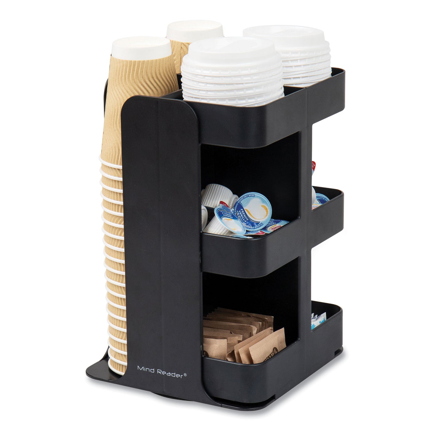 Mind Reader Anchor Collection 8-Compartment Coffee Cup, Lid, and Condiment Carousel Countertop Organizer, 8 x 8 x 12, Black