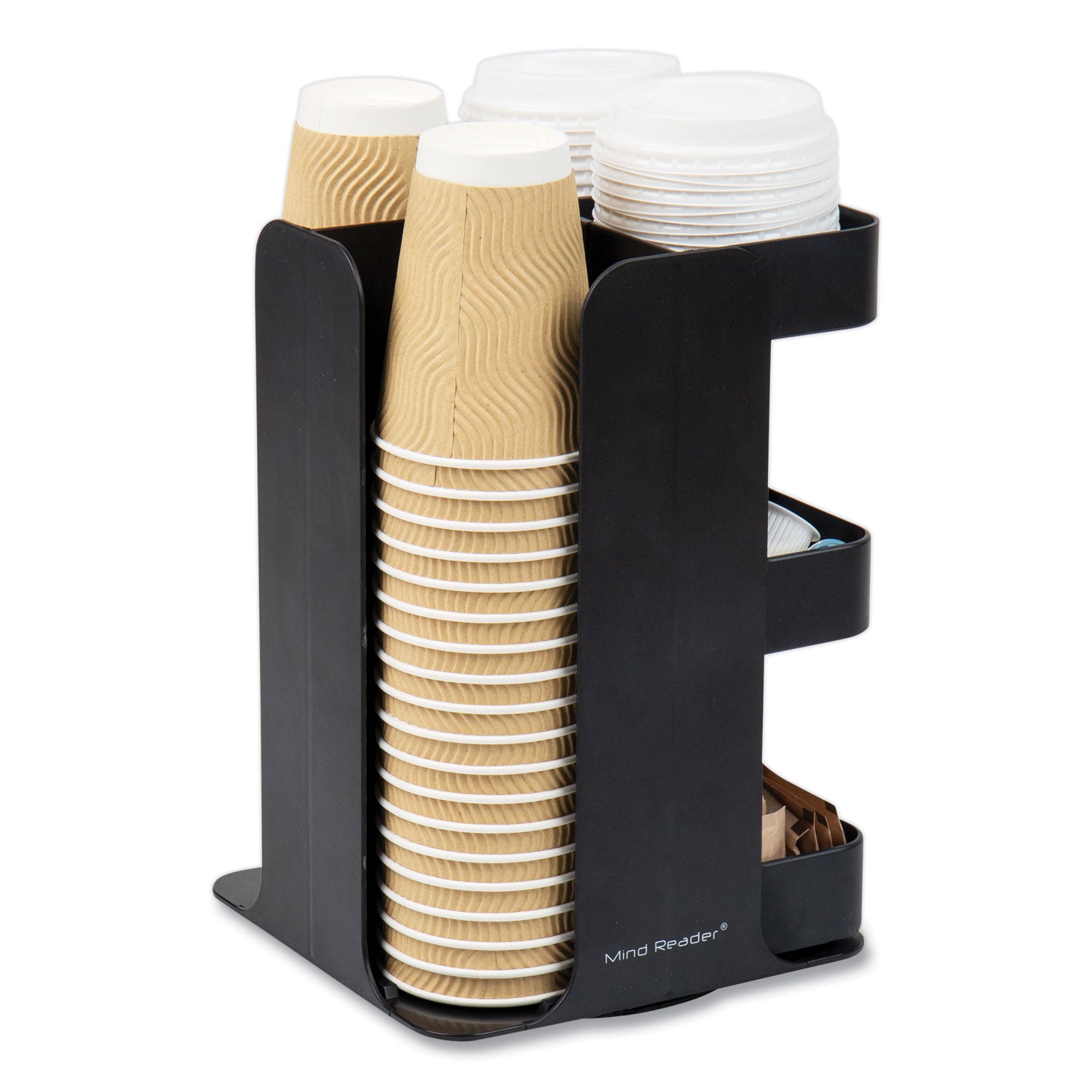 Mind Reader Anchor Collection 8-Compartment Coffee Cup, Lid, and Condiment Carousel Countertop Organizer, 8 x 8 x 12, Black