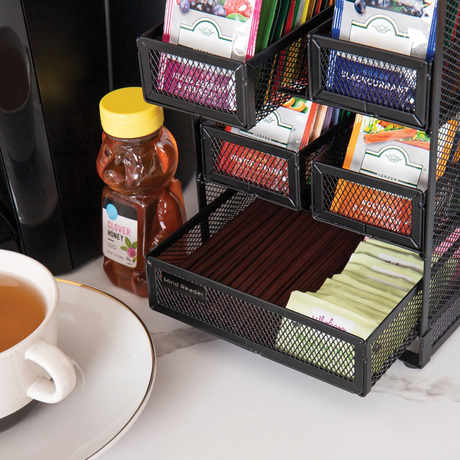 Mind Reader Network Collection 5-Compartment Tea Countertop Organizer, 6.75 x 7 x 10, Black