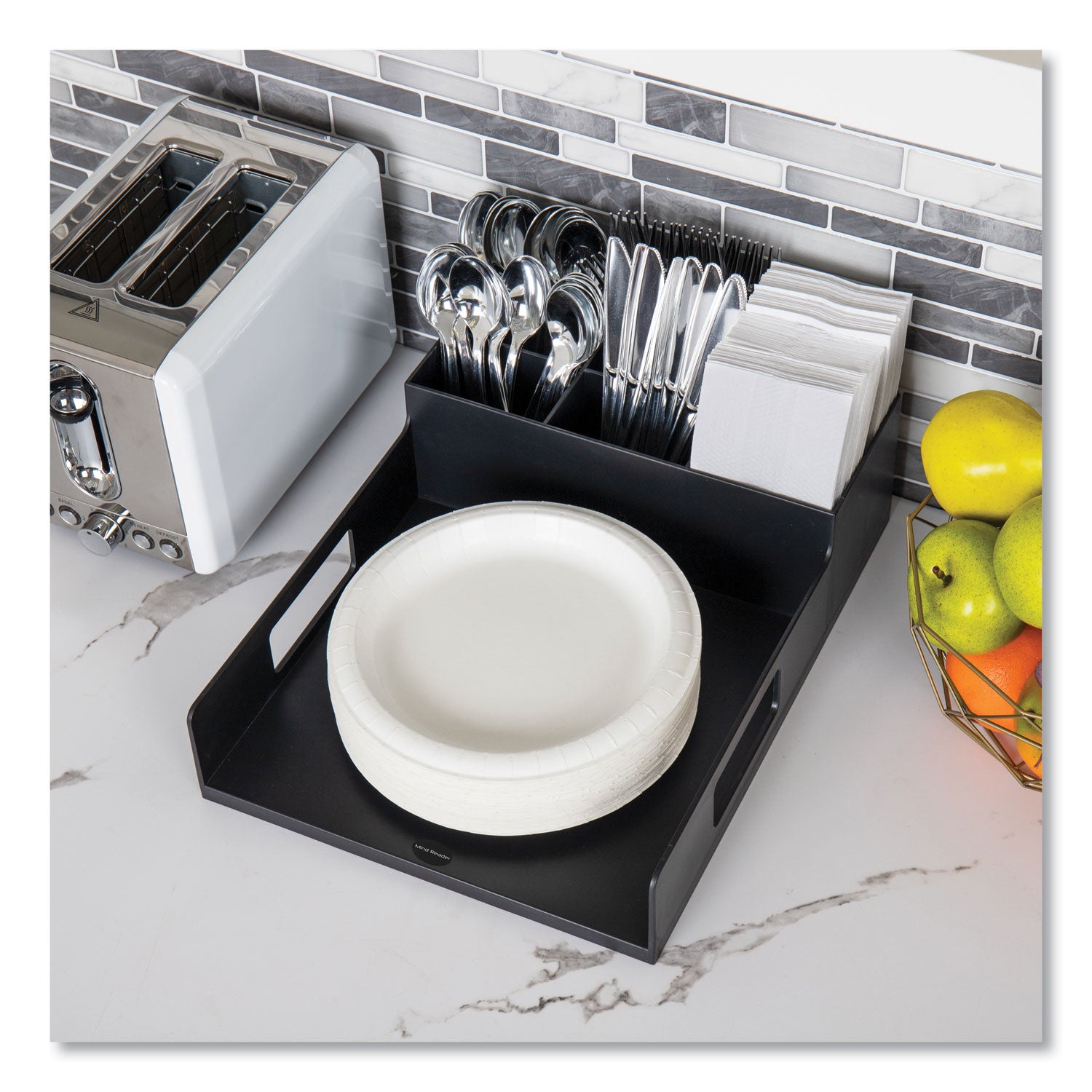 Mind Reader Network Collection Utensil, Napkin and Plate Countertop Organizer, 15.2 x 11.5 x 4.45, Plastic, Black