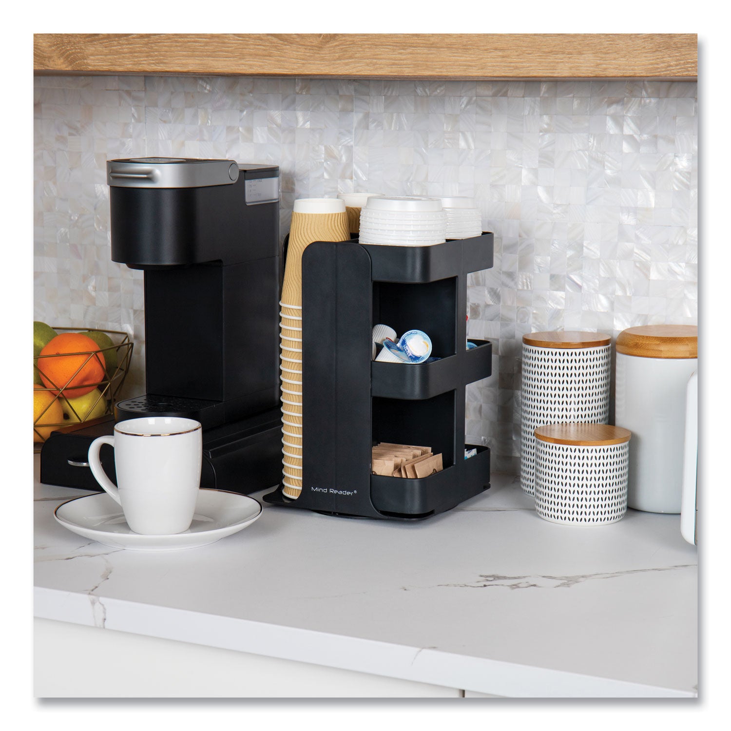 Mind Reader Anchor Collection 8-Compartment Coffee Cup, Lid, and Condiment Carousel Countertop Organizer, 8 x 8 x 12, Black