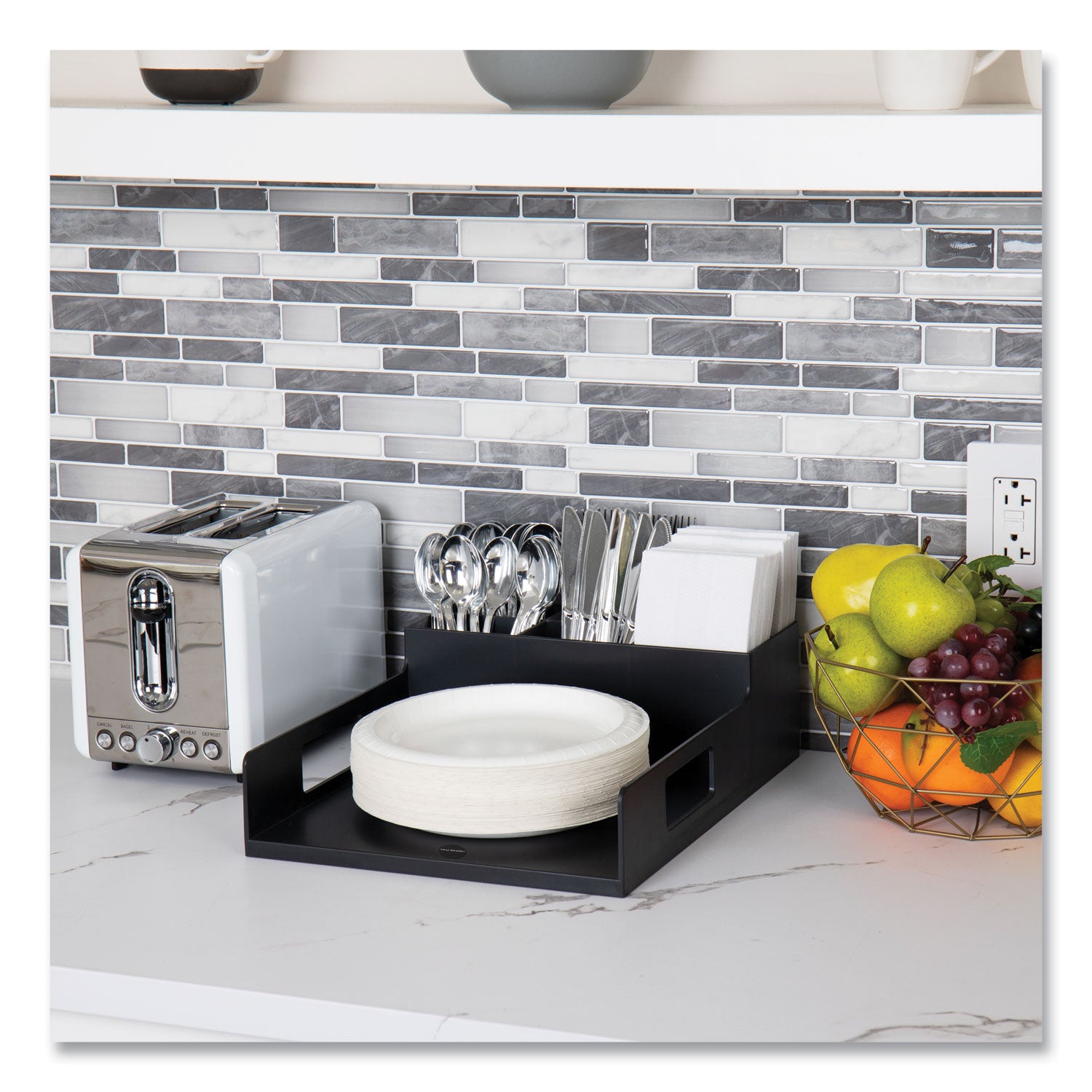 Mind Reader Network Collection Utensil, Napkin and Plate Countertop Organizer, 15.2 x 11.5 x 4.45, Plastic, Black