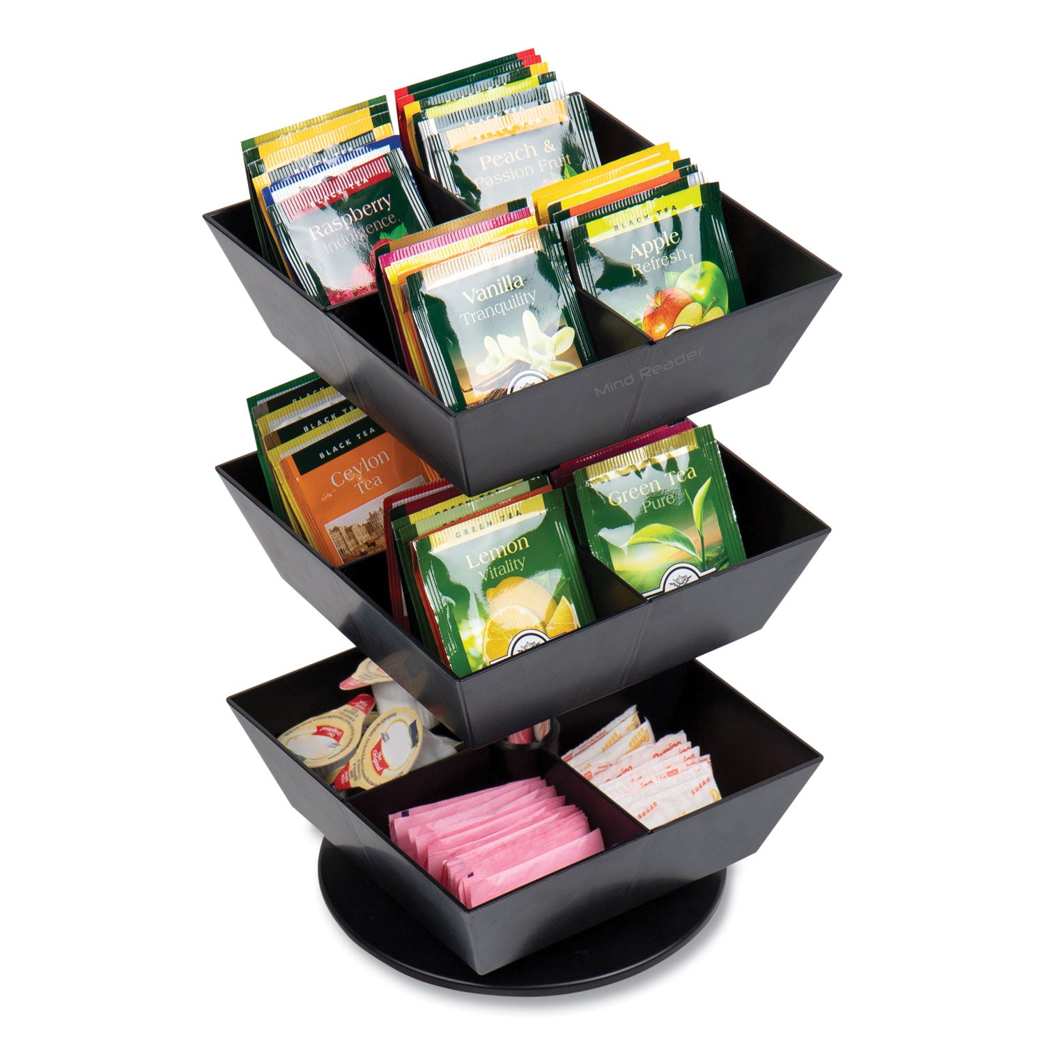 Mind Reader Anchor Collection 3-Tier 12-Compartment Tea and Condiment Carousel Countertop Organizer, 6.75 x 6.75 x 11.5, Black
