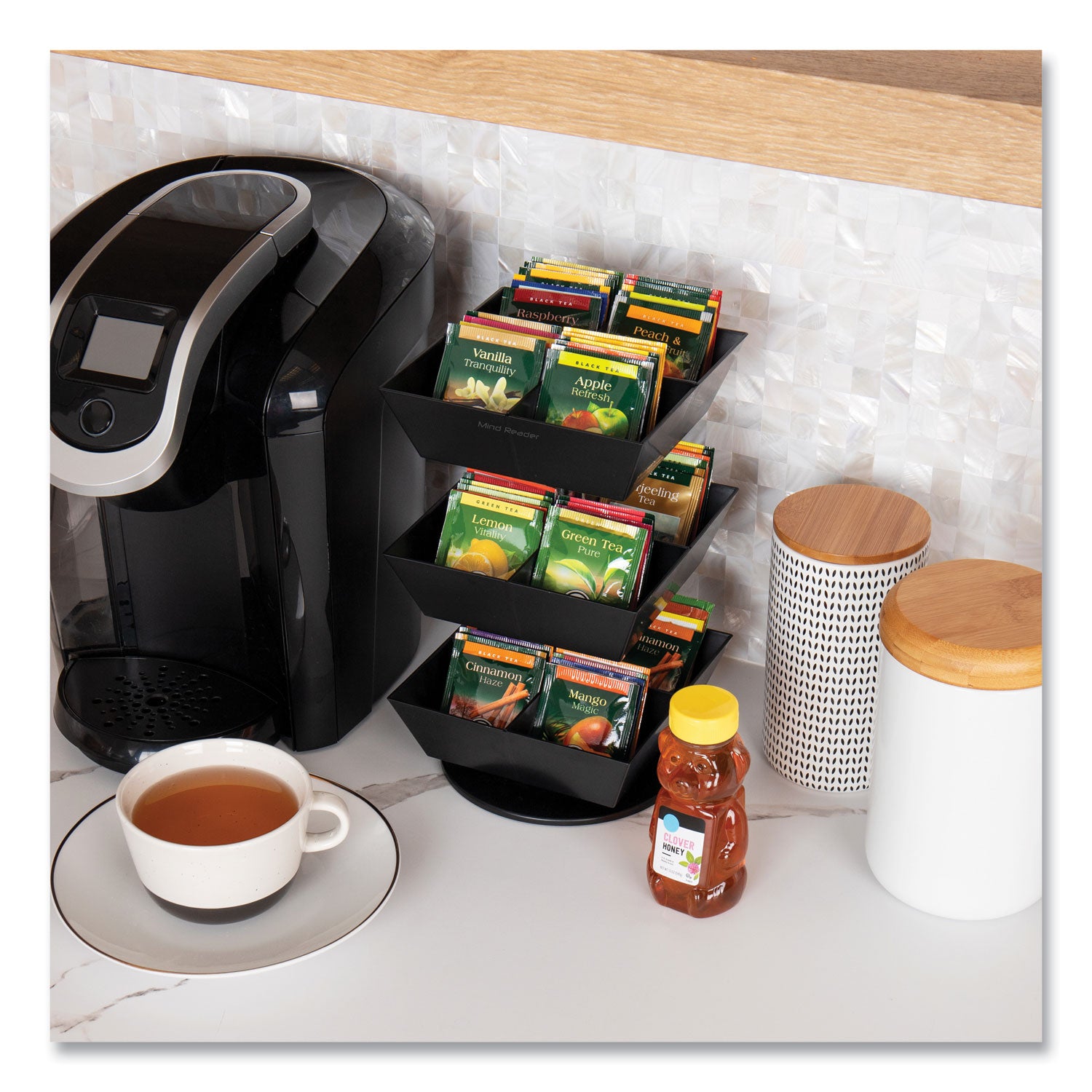 Mind Reader Anchor Collection 3-Tier 12-Compartment Tea and Condiment Carousel Countertop Organizer, 6.75 x 6.75 x 11.5, Black