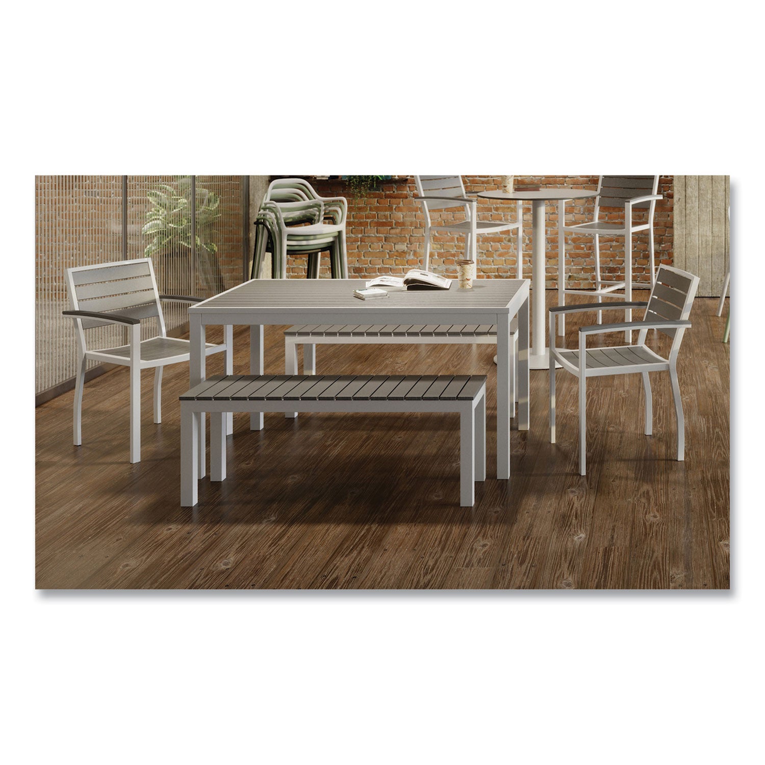 KFI Studios Eveleen Outdoor Dining Table Set, 55" x 35" x 29" Rectangular Table, 2 Benches, 2 Armchairs, Gray/White