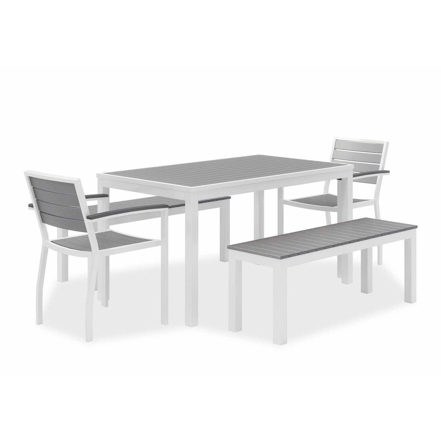 KFI Studios Eveleen Outdoor Dining Table Set, 55" x 35" x 29" Rectangular Table, 2 Benches, 2 Armchairs, Gray/White