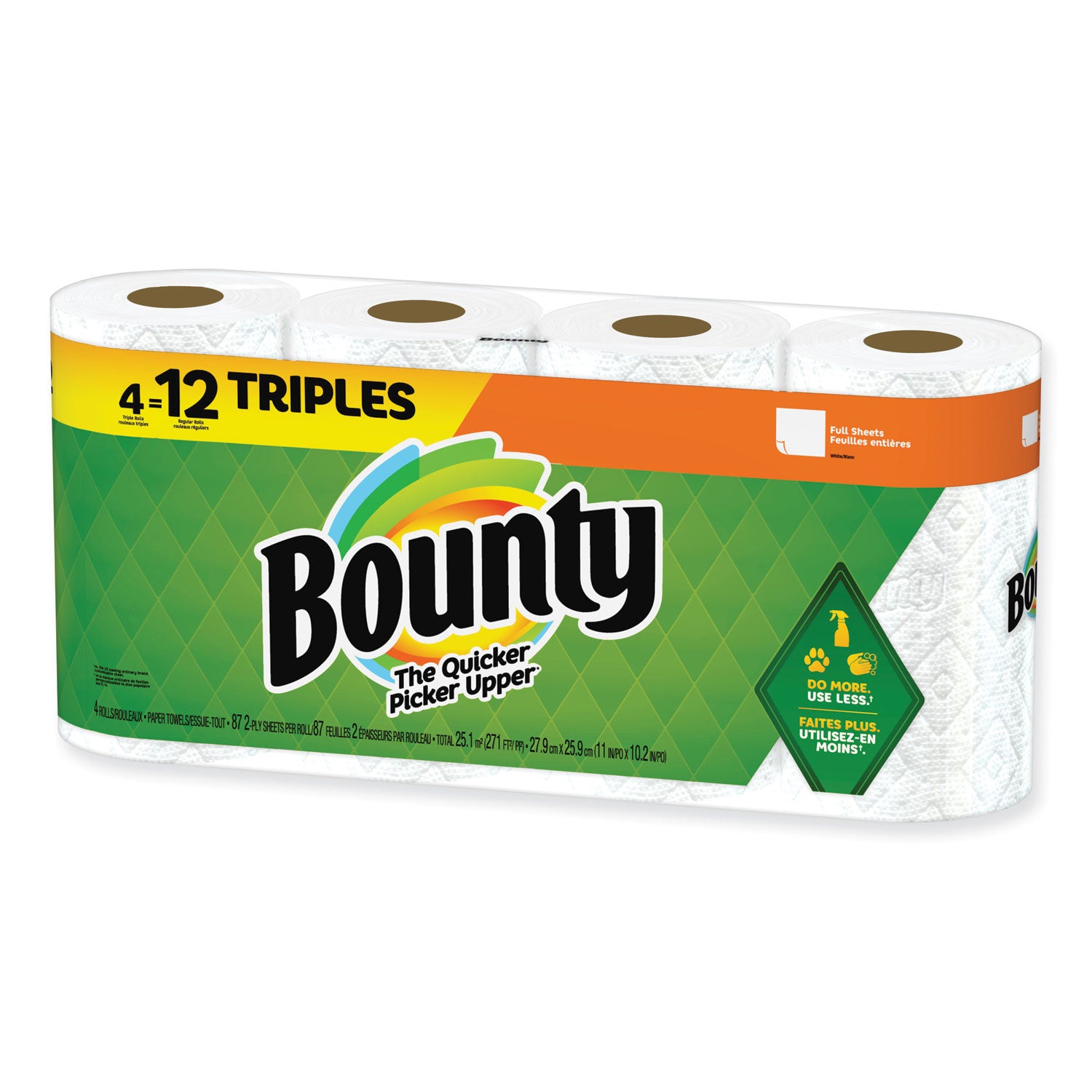 Bounty® Kitchen Roll Paper Towels, 2-Ply, White, 10.5 x 11, 87 Sheets/Roll, 4 Triple Rolls/Pack, 6 Packs/Carton