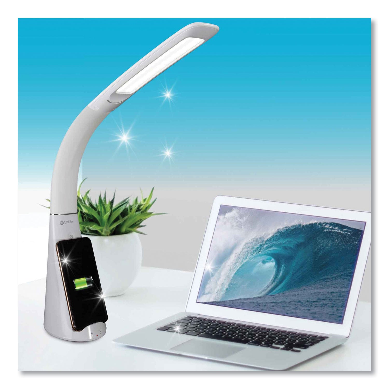 OttLite® Wellness Series Sanitizing Purify LED Desk Lamp with Wireless Charging, 26" High, White