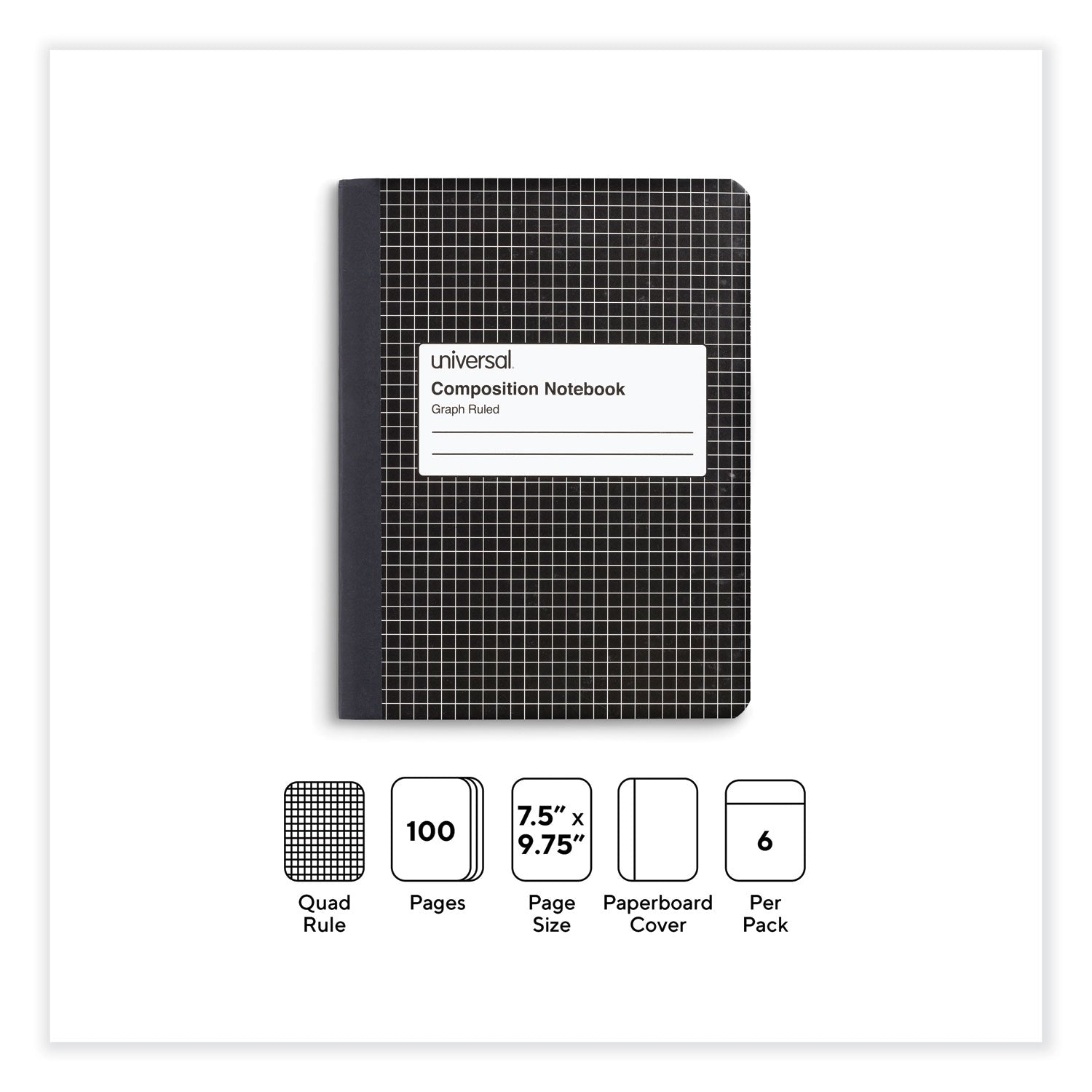 Universal® Quad Rule Composition Book, Quadrille Rule (4 sq/in), Black Marble Cover, (100) 9.75 x 7.5 Sheets, 6/Pack
