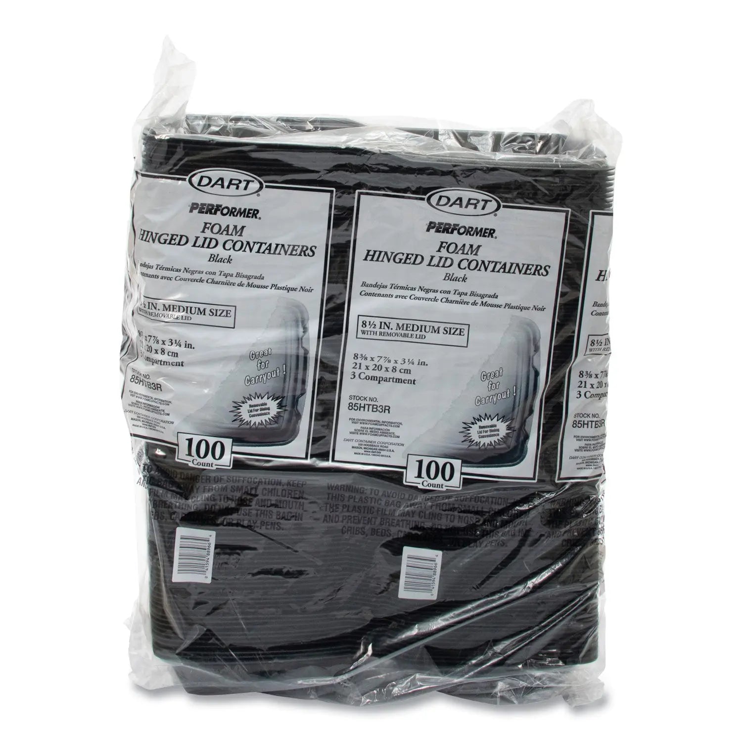 Insulated Foam Hinged Lid Containers, 3 Compartments, 7.96 x 3.2 x 8.36, Black, Foam, 200/Carton Dart® Flipcost