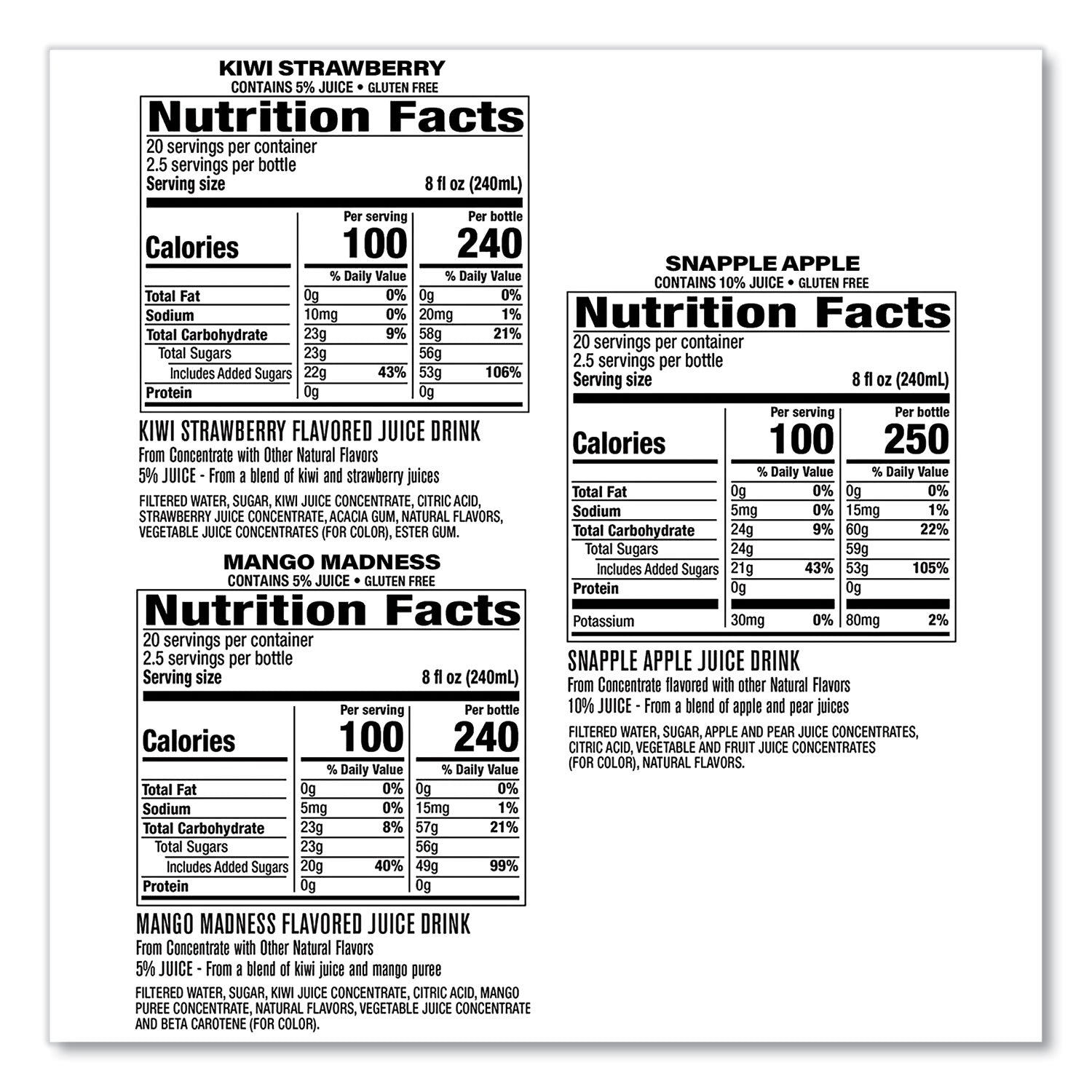 Snapple® Juice Drink Variety Pack, Snapple Apple, Kiwi Strawberry, Mango Madness, 20 oz Bottle, 24/Carton