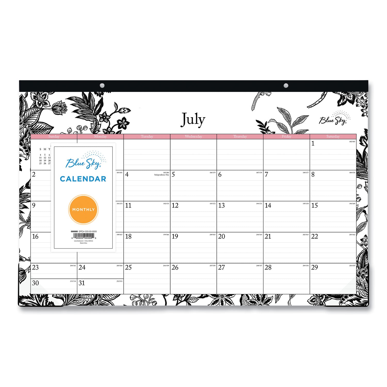 Blue Sky® Analeis Academic Year Desk Pad Calendar, Floral Artwork, 17 x 11, White/Black/Coral Sheets, 12-Month (July-June): 2024-2025