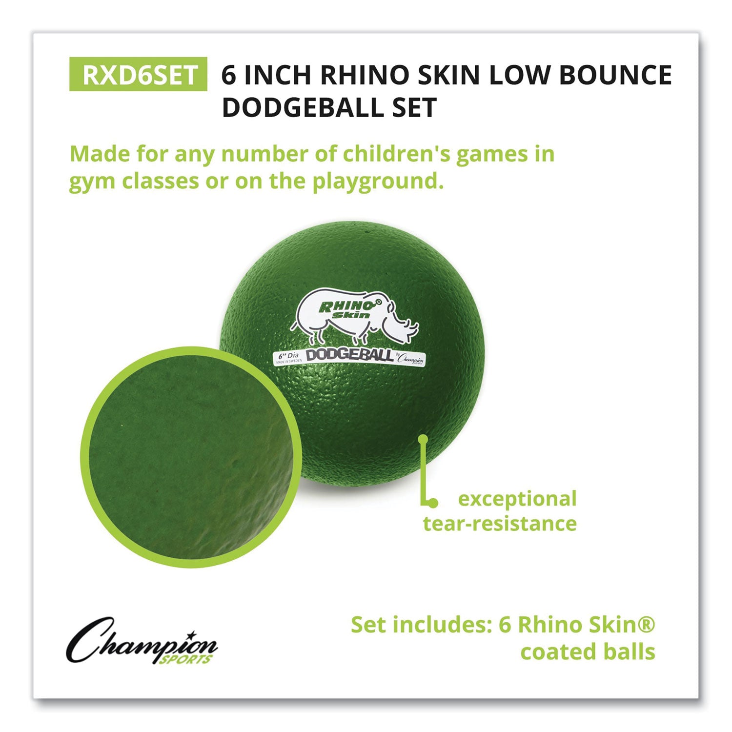 Champion Sports Rhino Skin Dodge Ball Set, 6" Diameter, Assorted Colors, 6/set