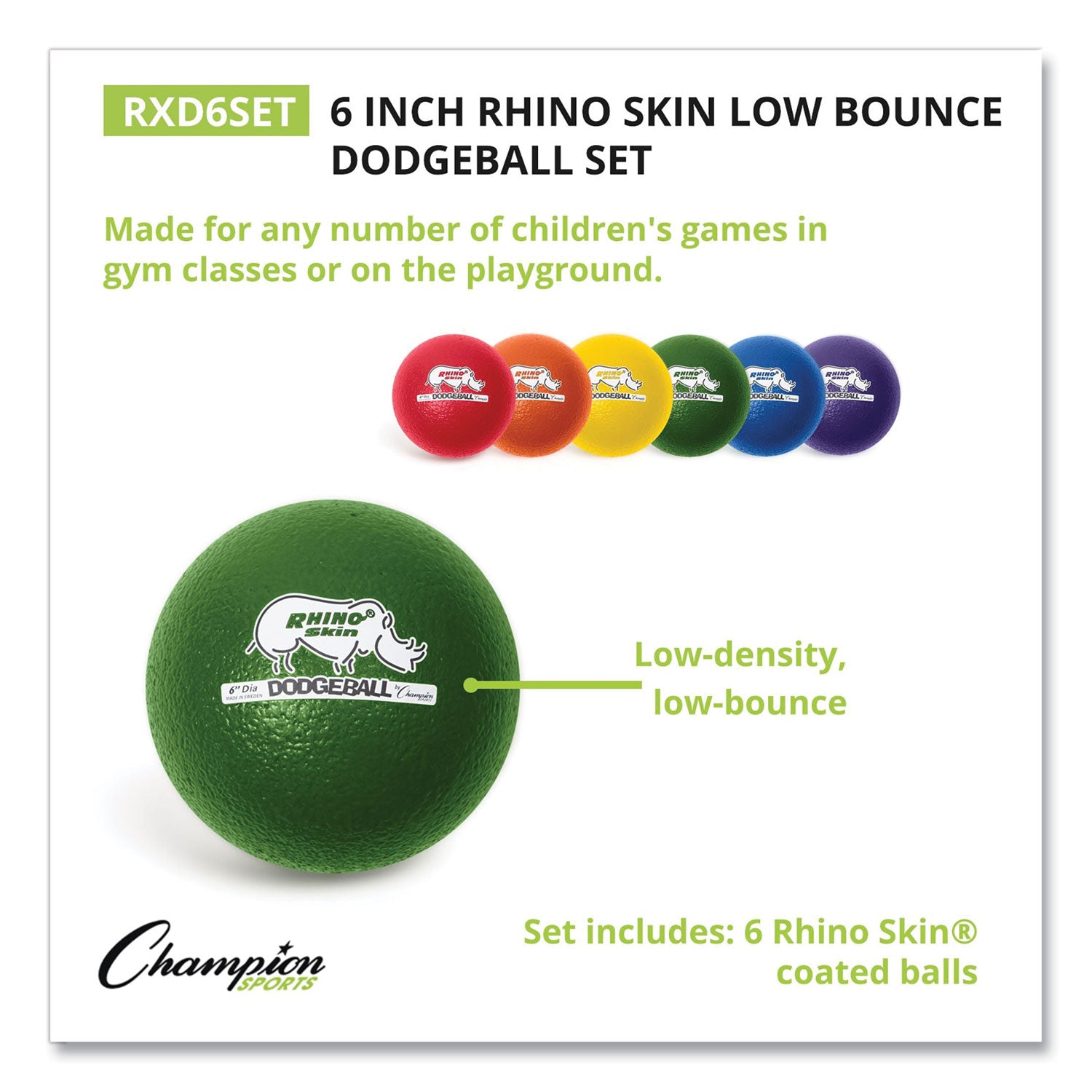Champion Sports Rhino Skin Dodge Ball Set, 6" Diameter, Assorted Colors, 6/set