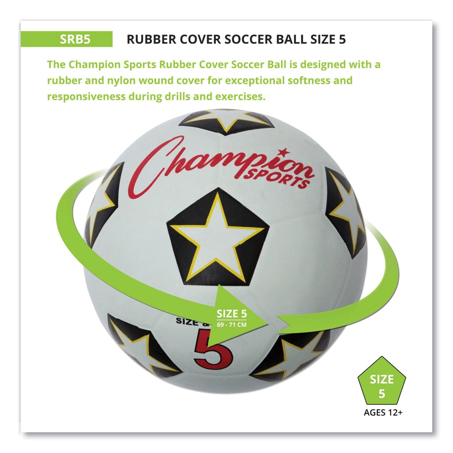 Champion Sports Rubber Sports Ball, For Soccer, No. 5 Size, White/black