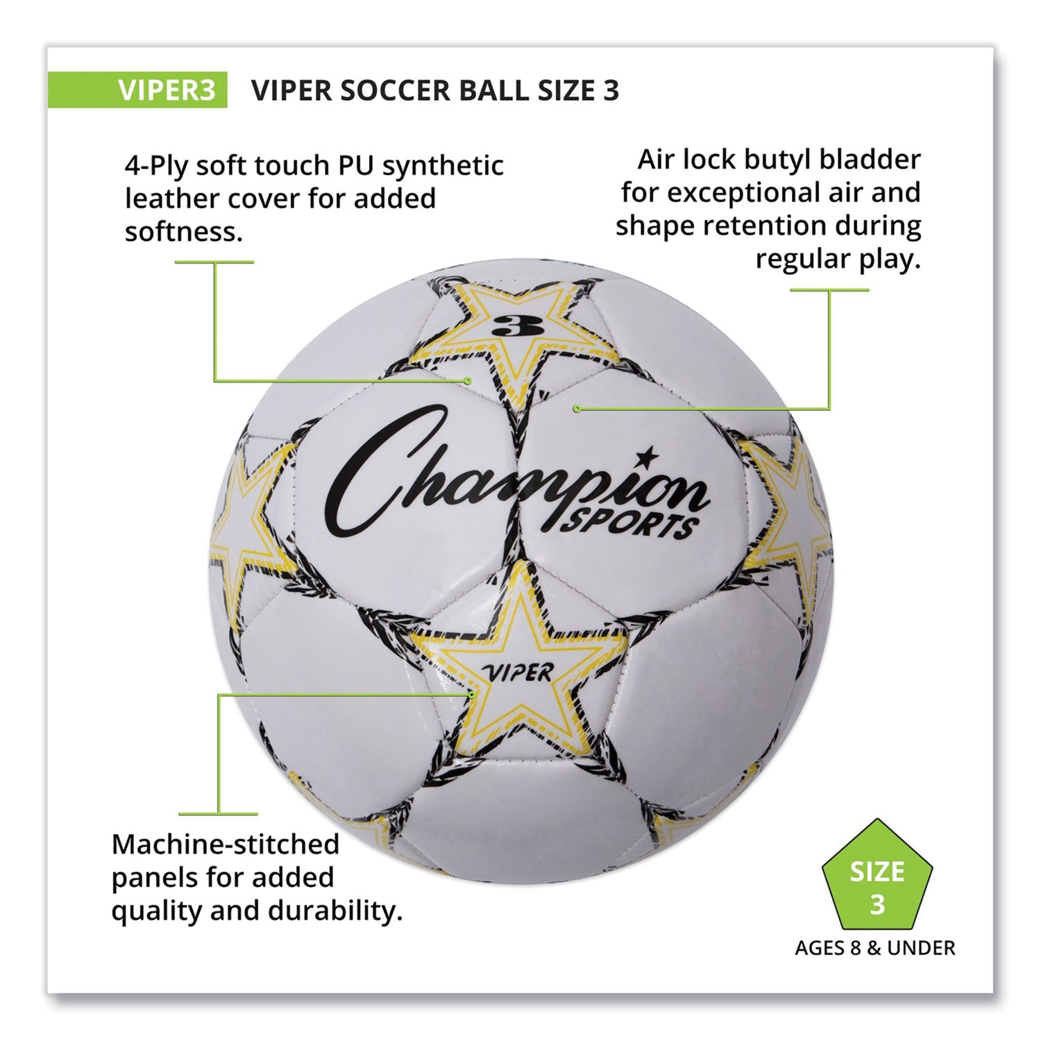 Champion Sports Viper Soccer Ball, No. 3 Size, 7.25" To 7.5" Diameter, White