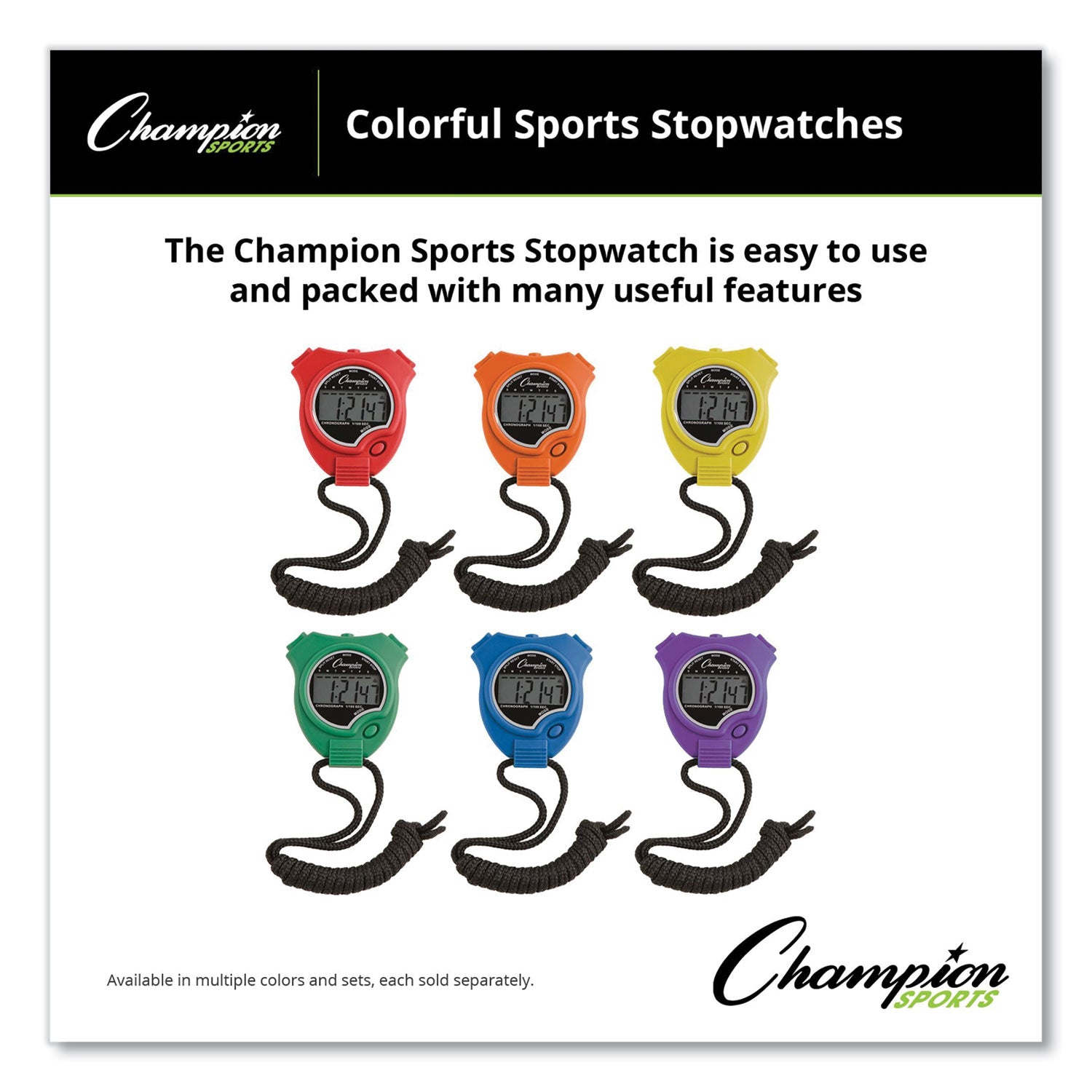 Champion Sports Water-Resistant Stopwatches, Accurate To 1/100 Second, Assorted Colors, 6/box