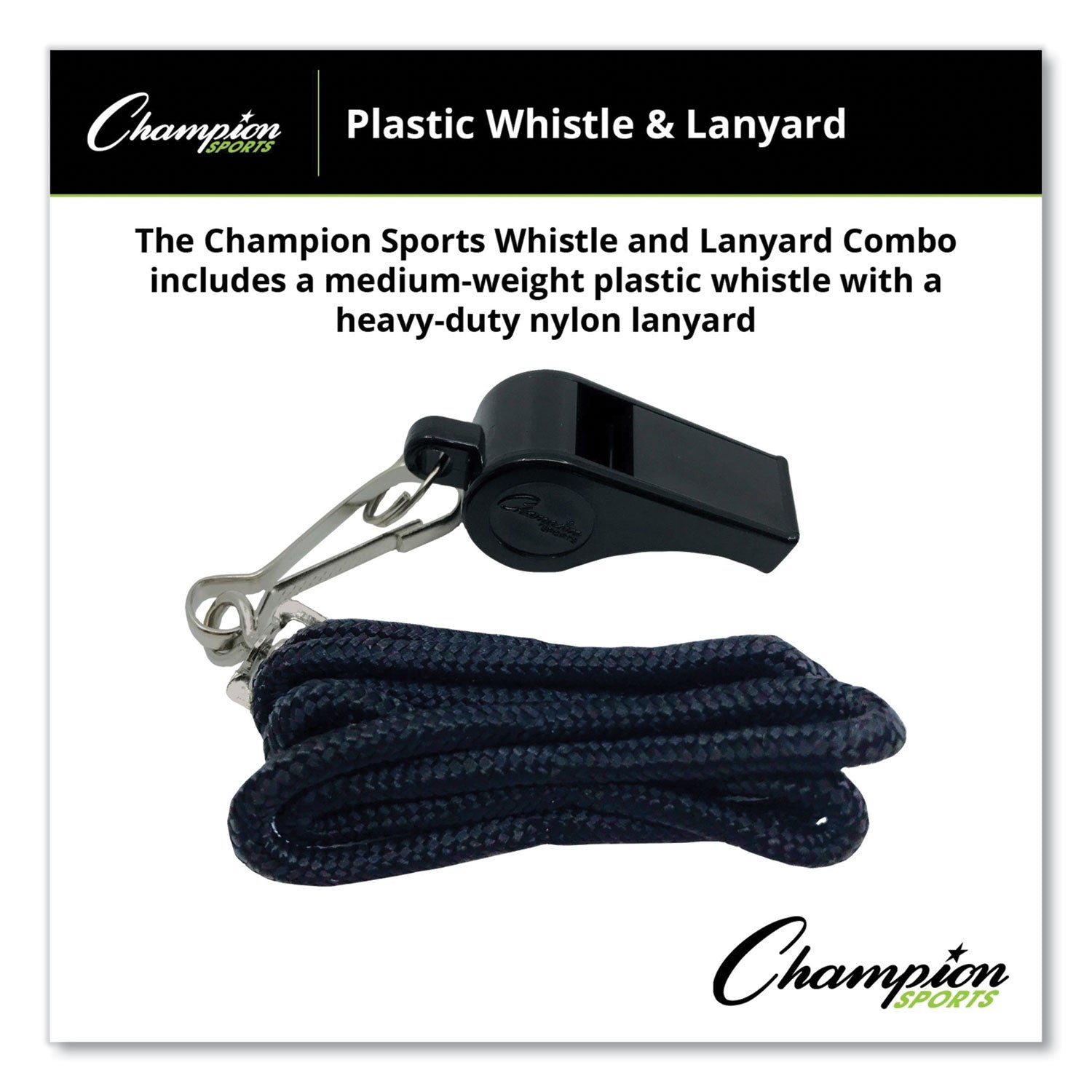 Champion Sports Sports Whistle With Black Nylon Lanyard, Plastic, Black, Dozen