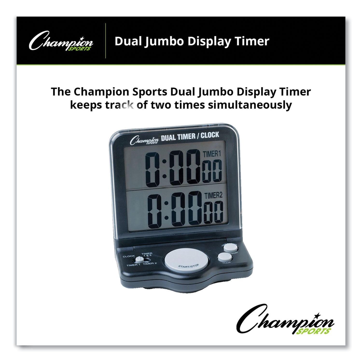Champion Sports Dual Timer/Clock with Jumbo Display, LCD, 3.5 x 1 x 4.5, Black