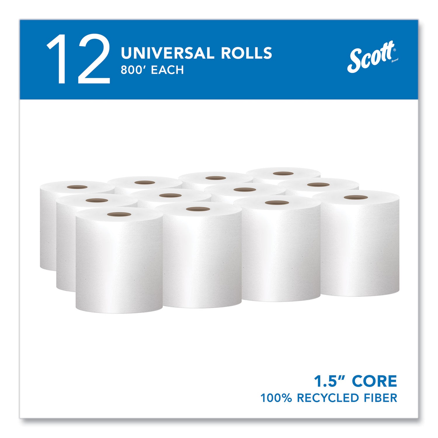 Scott® Essential 100% Recycled Fiber Hard Roll Towel, 1-Ply, 8" x 800 ft, 1.5" Core, White, 12 Rolls/Carton