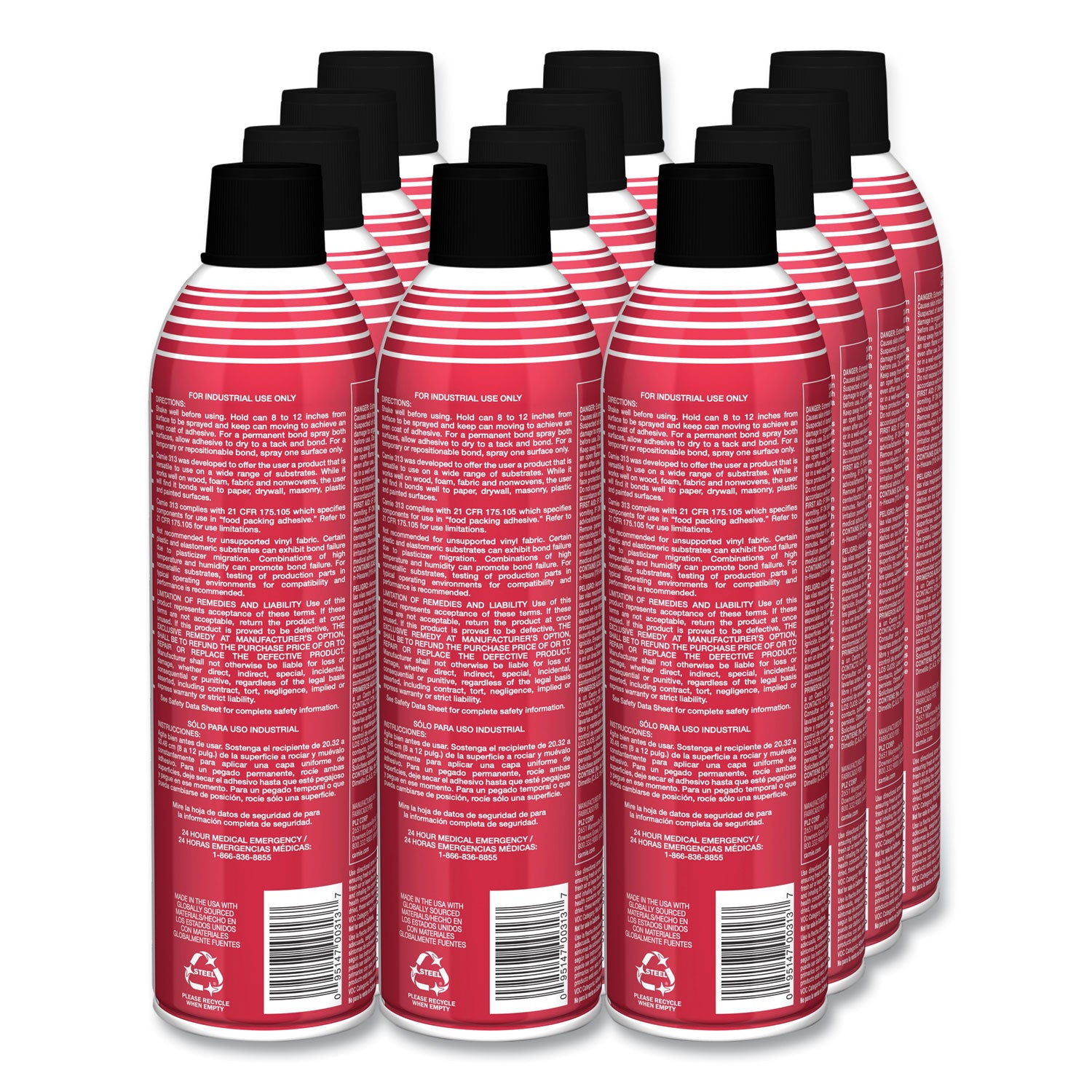 Camie® 313 Fast Tack Upholstery Adhesive, 12 oz Aerosol Spray, Dries Clear, Dozen