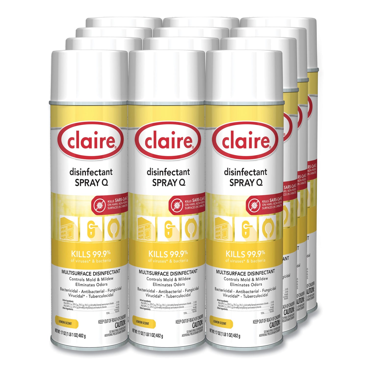 Claire® Spray Q Disinfectant, Lemon Scent, 17 oz Aerosol Spray, Dozen