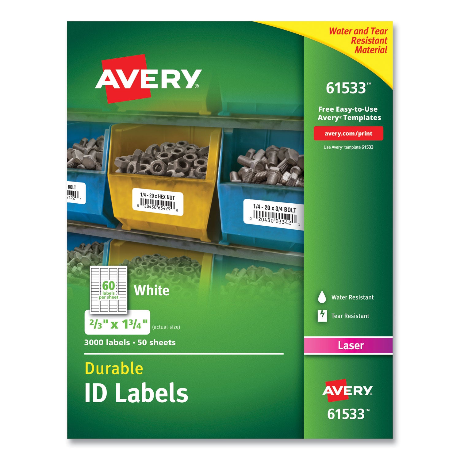 Durable Permanent ID Labels with TrueBlock Technology, Laser Printers, 0.66 x 1.75, White, 60/Sheet, 50 Sheets/Pack