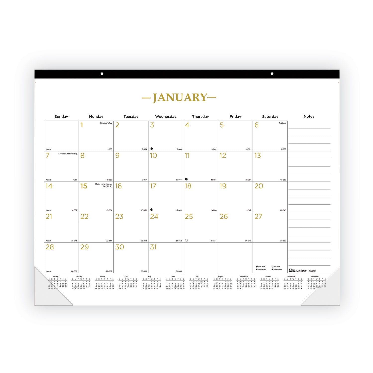 Blueline® Gold Collection Monthly Desk Pad Calendar, 22 x 17, White Sheets, Black Headband, Clear Corners, 12-Month (Jan to Dec): 2025