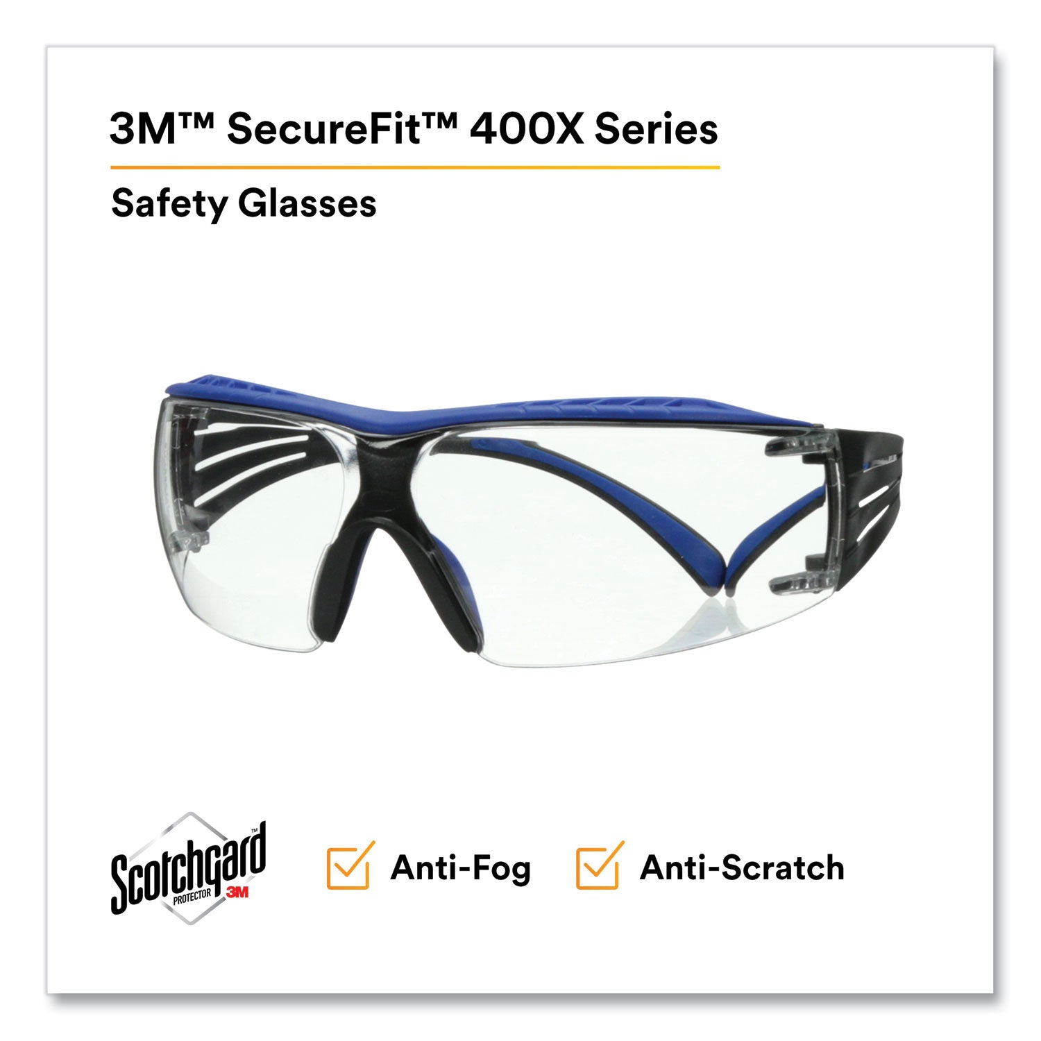 3M™ SecureFit Protective Eyewear, 200 Series, Blue/Gray Plastic Frame, Clear Polycarbonate Lens
