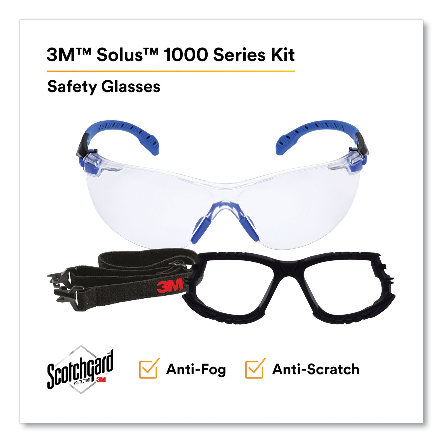 3M™ Solus 1000 Series Safety Glasses, Black/Blue Plastic Frame, Clear Polycarbonate Lens