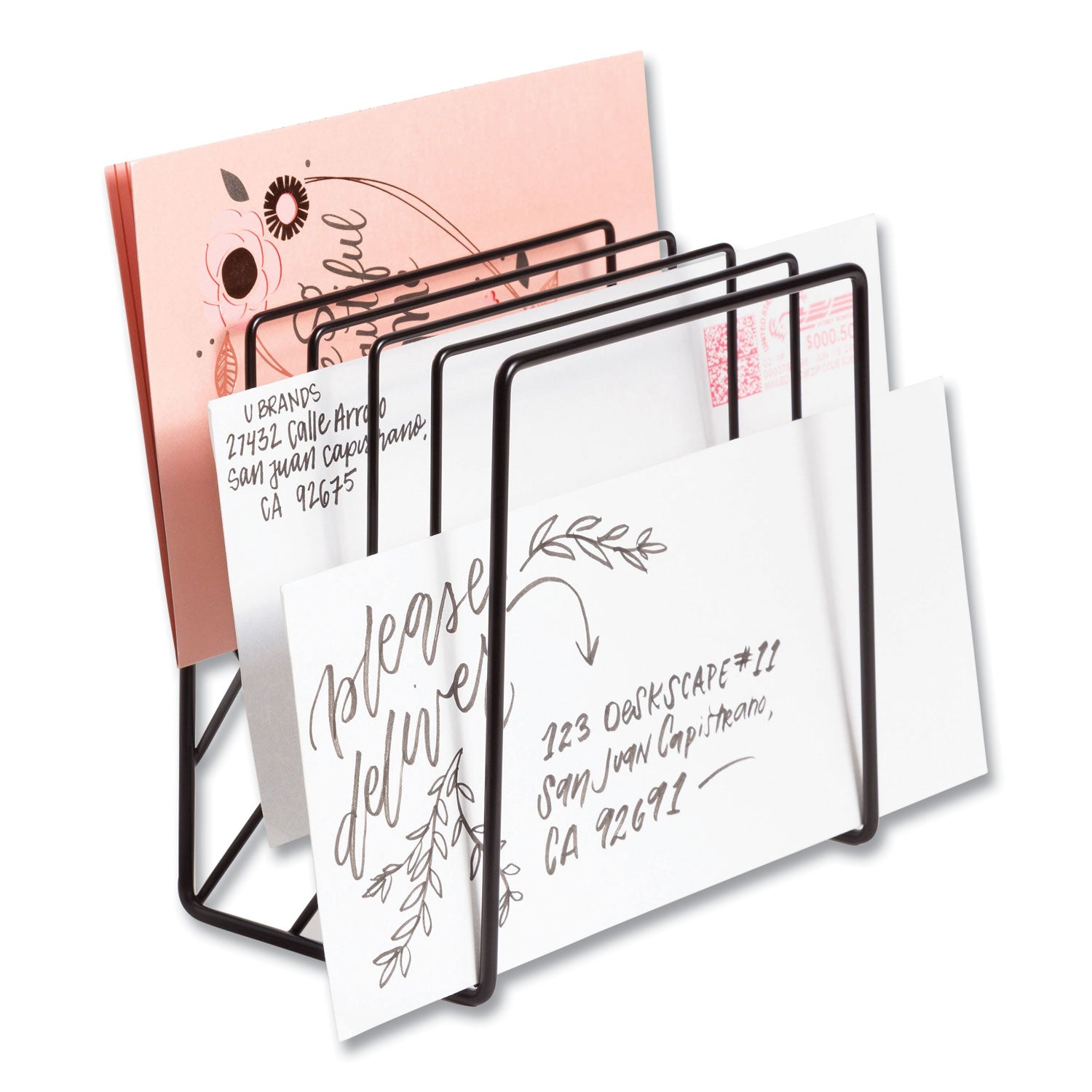 U Brands Vena Wire Letter Sorter, 5 Sections, Assorted Sizes, 3.94 x 5.24 x 6.1, Black