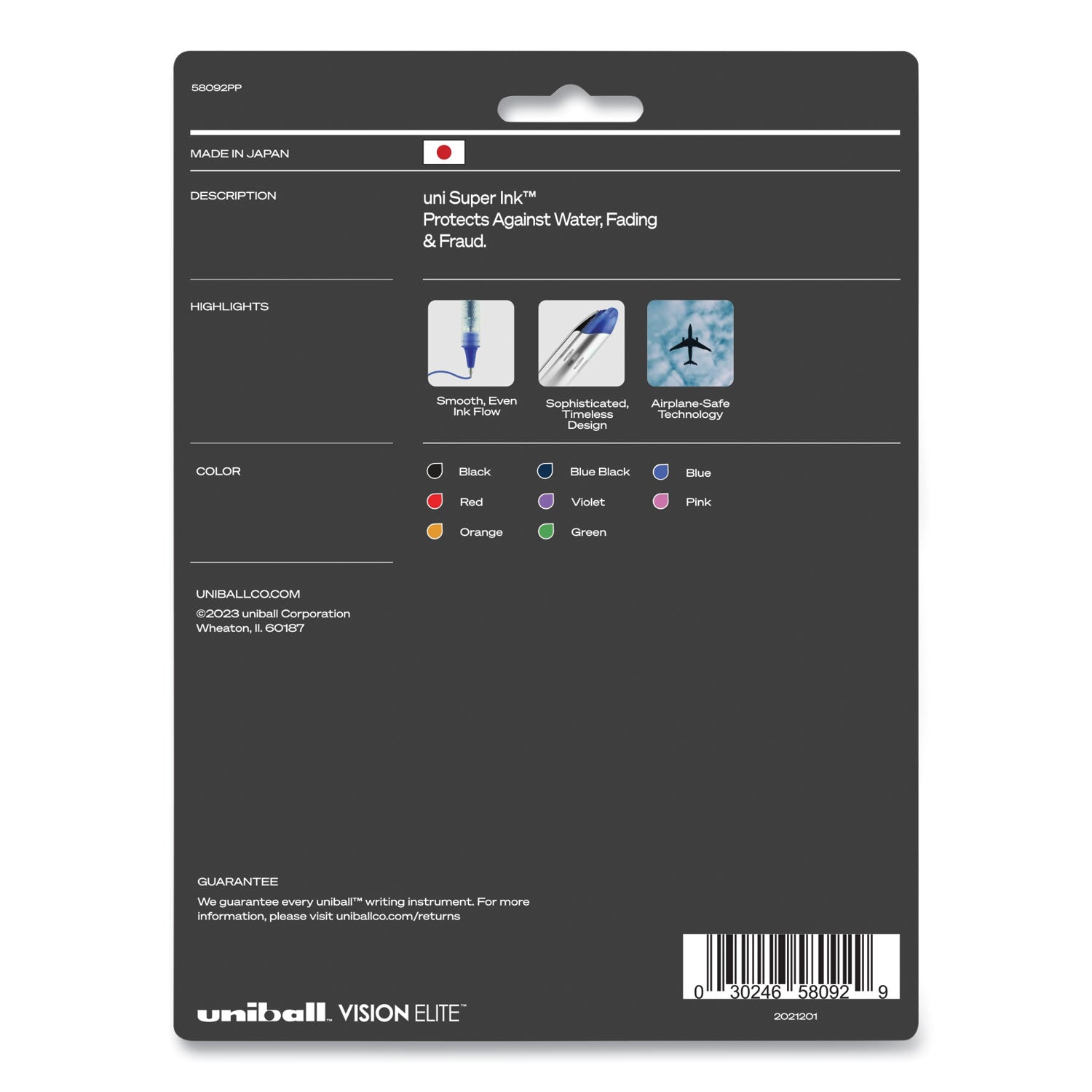 uniball® VISION ELITE Hybrid Gel Pen, Stick, Fine 0.5 mm, Assorted Ink and Barrel Colors, 8/Pack