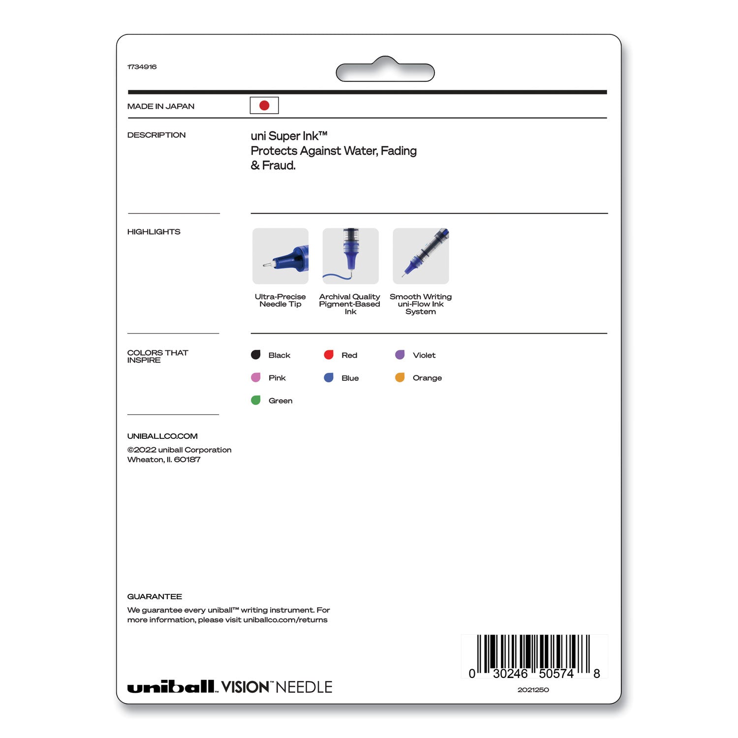 uniball® VISION Needle Rollerball Pen, Stick, Fine 0.7 mm, Assorted Ink and Barrel Colors, 8/Pack