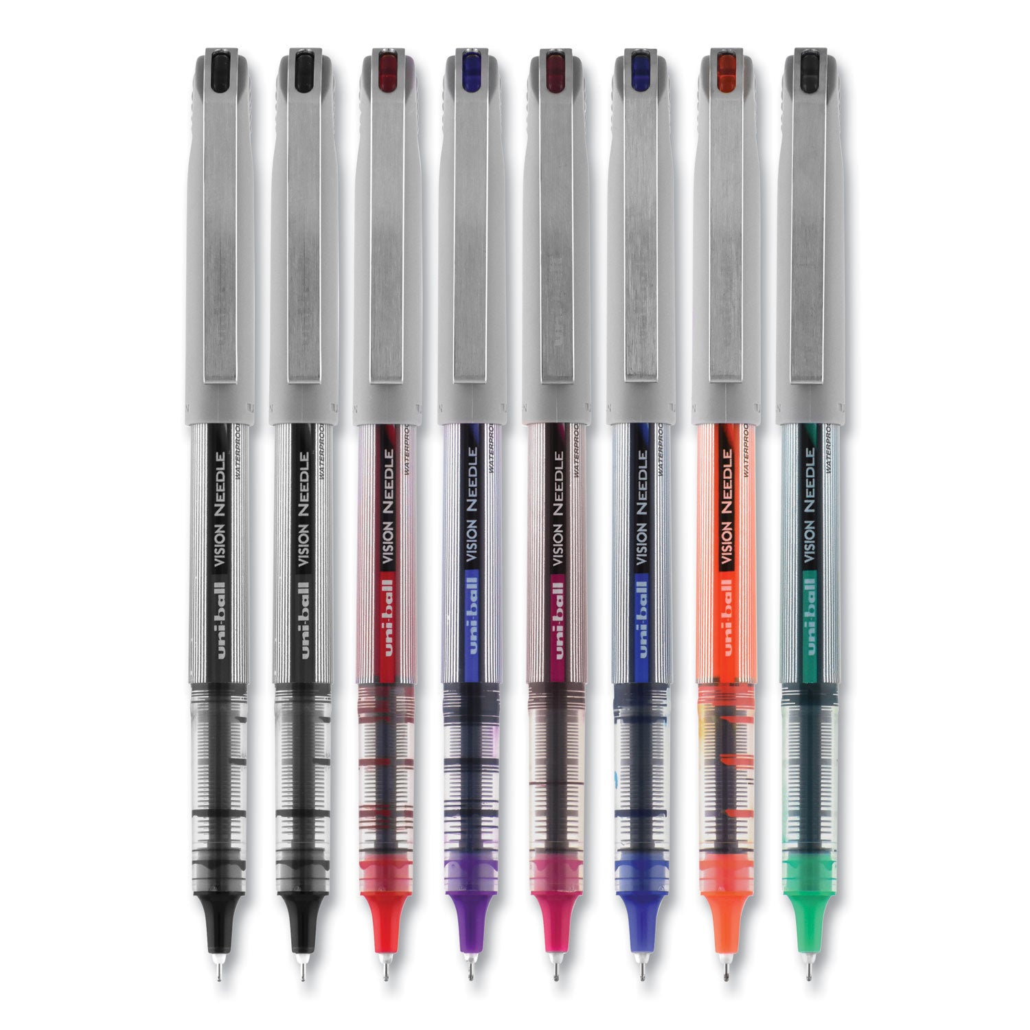 uniball® VISION Needle Rollerball Pen, Stick, Fine 0.7 mm, Assorted Ink and Barrel Colors, 8/Pack