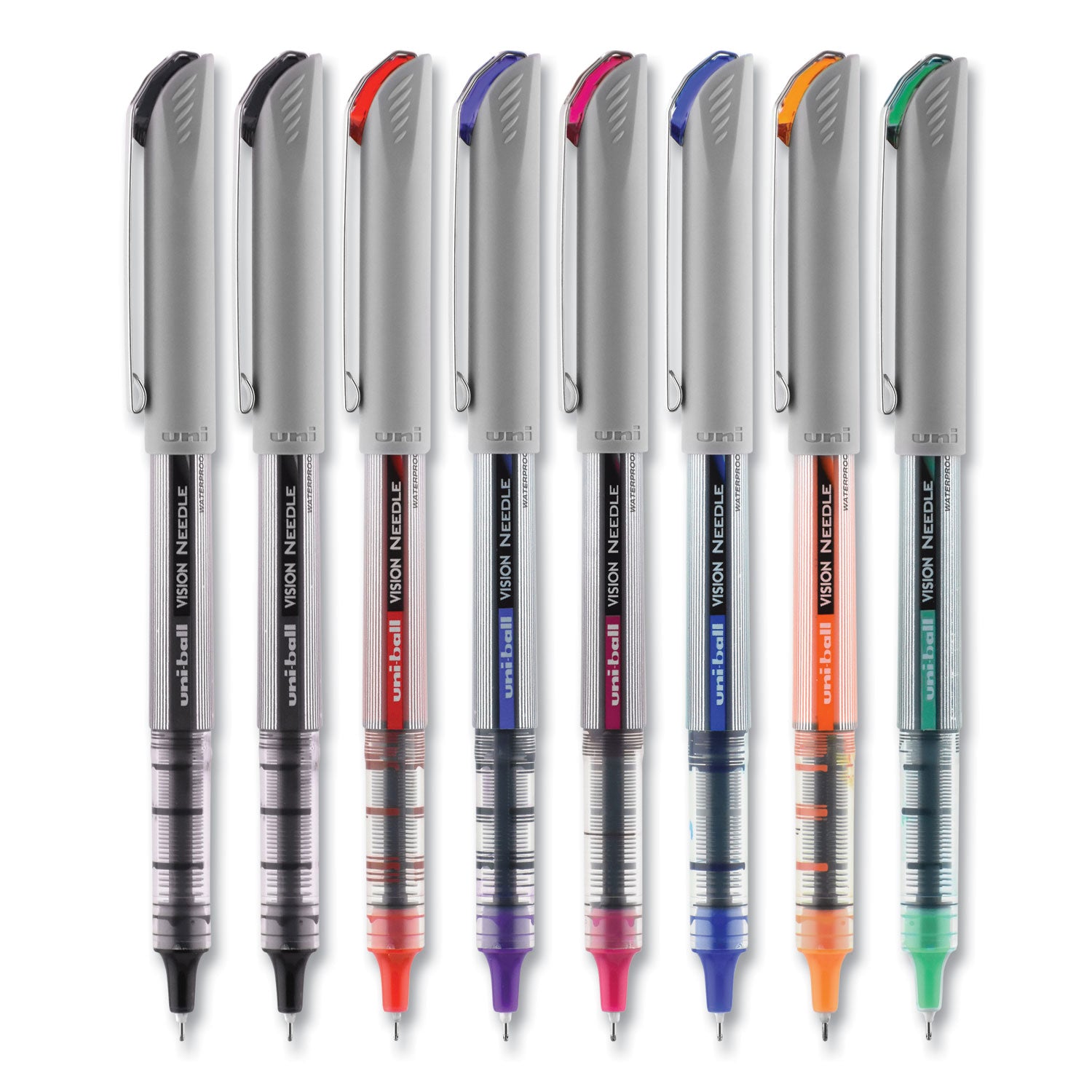 uniball® VISION Needle Rollerball Pen, Stick, Fine 0.7 mm, Assorted Ink and Barrel Colors, 8/Pack