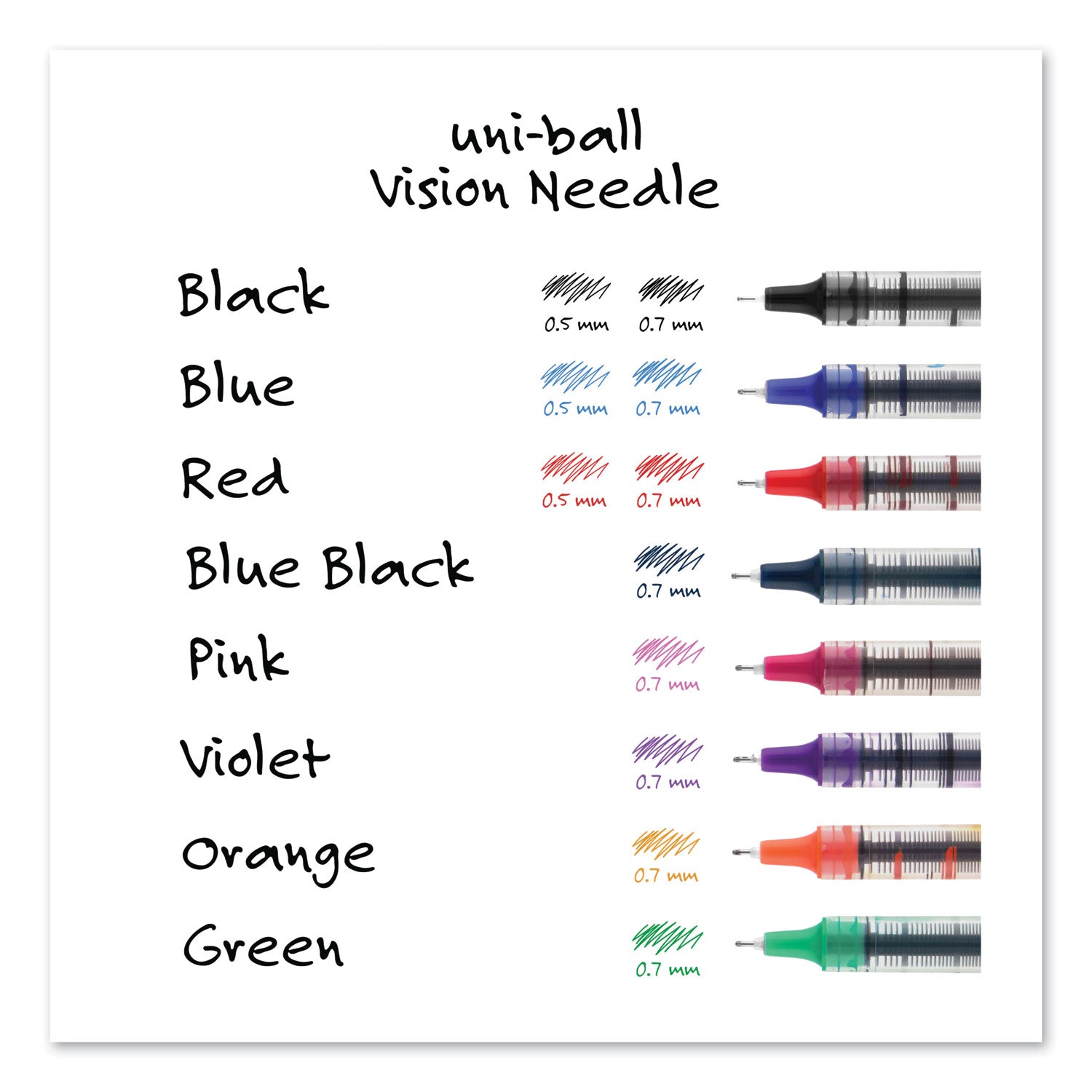 uniball® VISION Needle Rollerball Pen, Stick, Fine 0.7 mm, Assorted Ink and Barrel Colors, 8/Pack