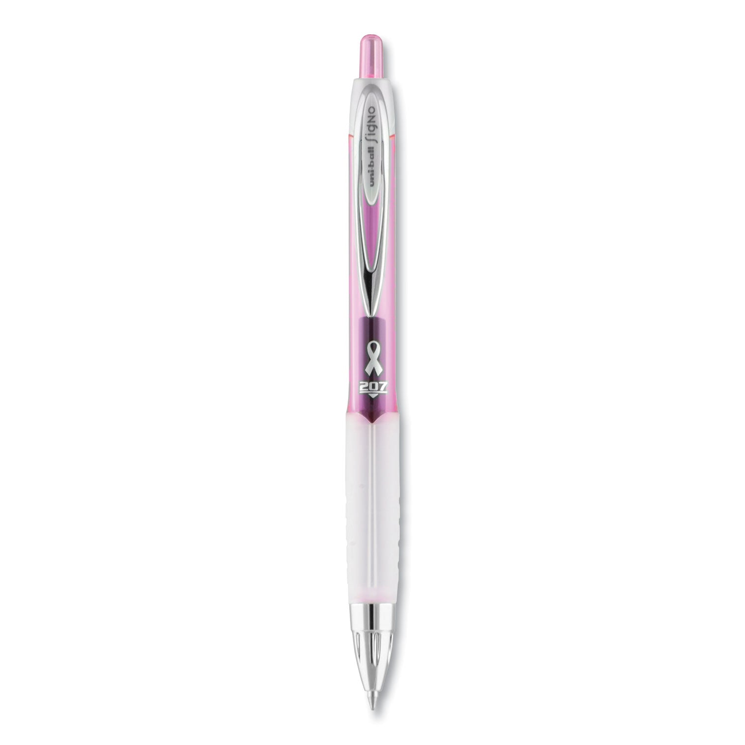 uniball® 207 Breast Cancer Awareness Gel Pen Office Pack, Retractable, Medium 0.7mm, Black Ink, Translucent Pink/White Barrel, 36/Pack