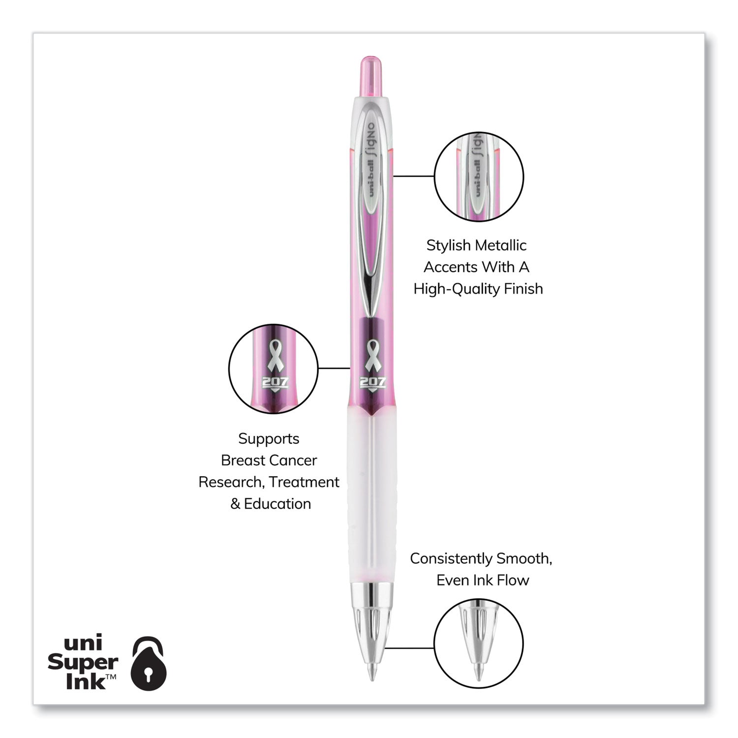 uniball® 207 Breast Cancer Awareness Gel Pen Office Pack, Retractable, Medium 0.7mm, Black Ink, Translucent Pink/White Barrel, 36/Pack