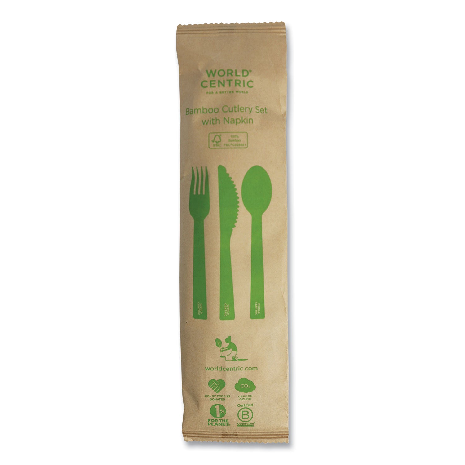 World Centric® Bamboo Cutlery, Fork/Knife/Napkin/Spoon, Paper, Natural, 250/Carton